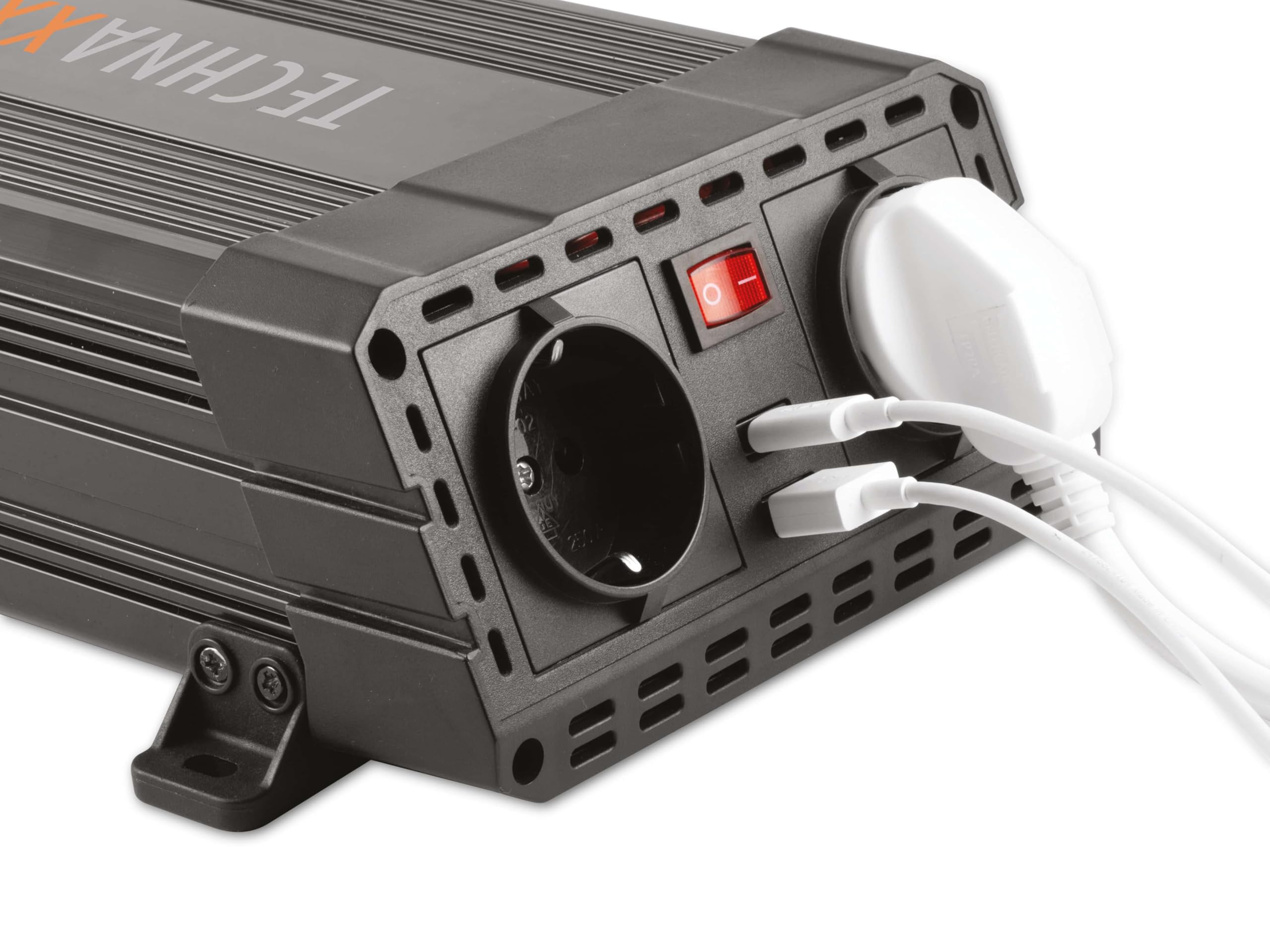 Technaxx Przetwornica samochodowa 12 V na 230 V, 600 W, moc ciągła, moc 1200 W, certyfikat TÜV Rheinland, inwerter samochodowy z 2 x Schuko i 2 x USB 3,1 A – Przetwornica napięcia do samochodu