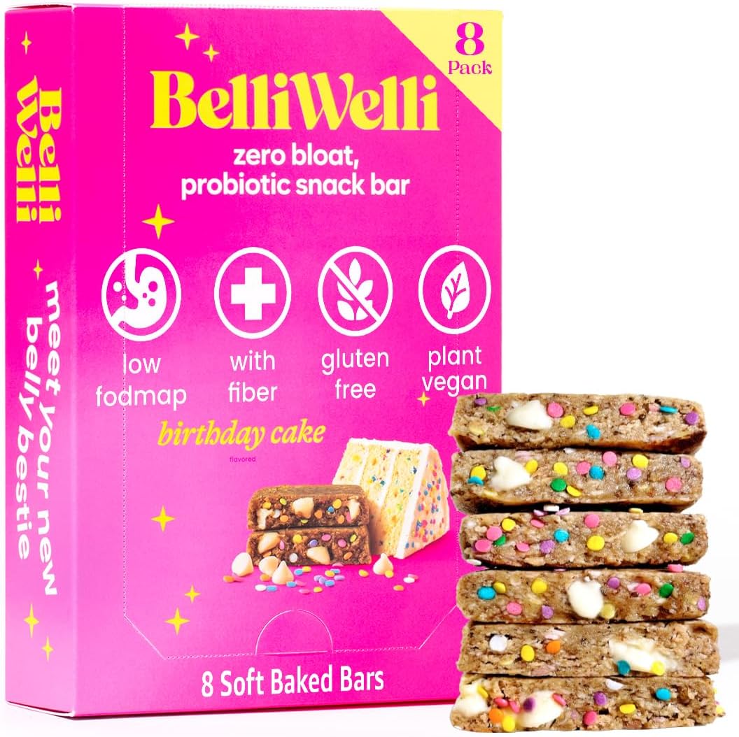 Belliwelli Soft Baked Probiotic Snack Bar | Gluten-Free, Dairy-Free, Vegan, & Low-FODMAP | Birthday Cake (8 Pack)