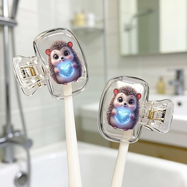 2 tappi per spazzolino da denti, motivo riccio con cuore, 4 x 4 cm, coperture protettive per spazzolino da denti, in plastica, portatili, per viaggi, affari, campeggio, scuola, casa - 1