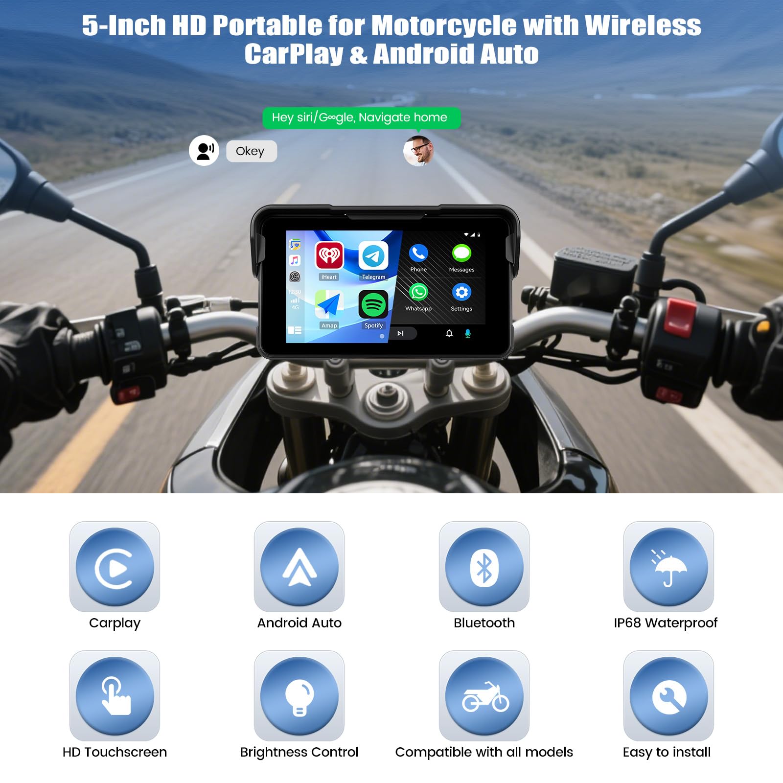 SIXWIN 5 Pouces Écran Carplay pour Moto avec Carplay sans Fil Android Auto, écran Tactile HD étanche, appareils de Navigation pour Moto, Bluetooth