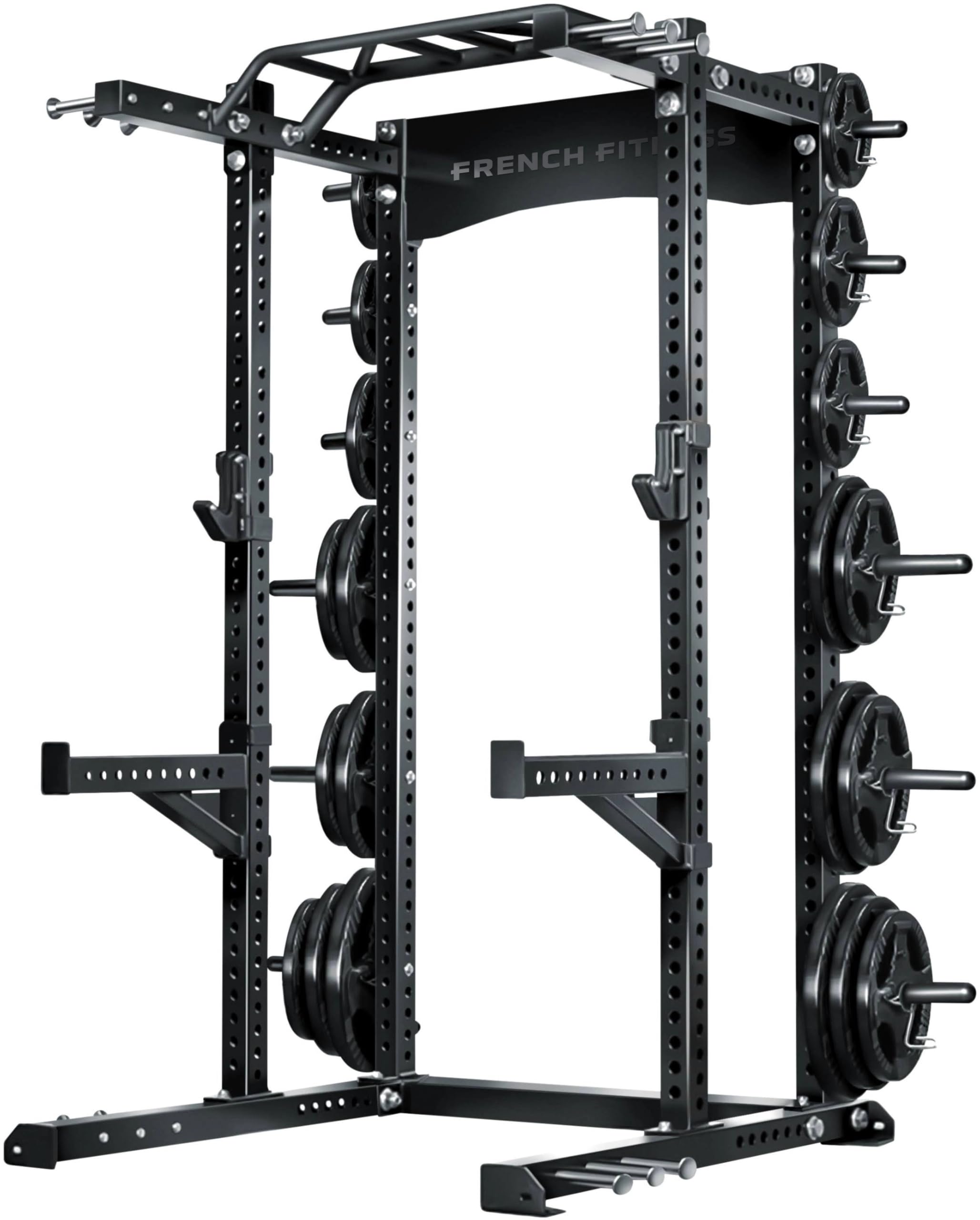 French Fitness SHR80 Heavy Duty Commercial Single Half Rack Adjustable Pull-Up Bars Spotter Arms Weight Storage Multi-Grip Bar