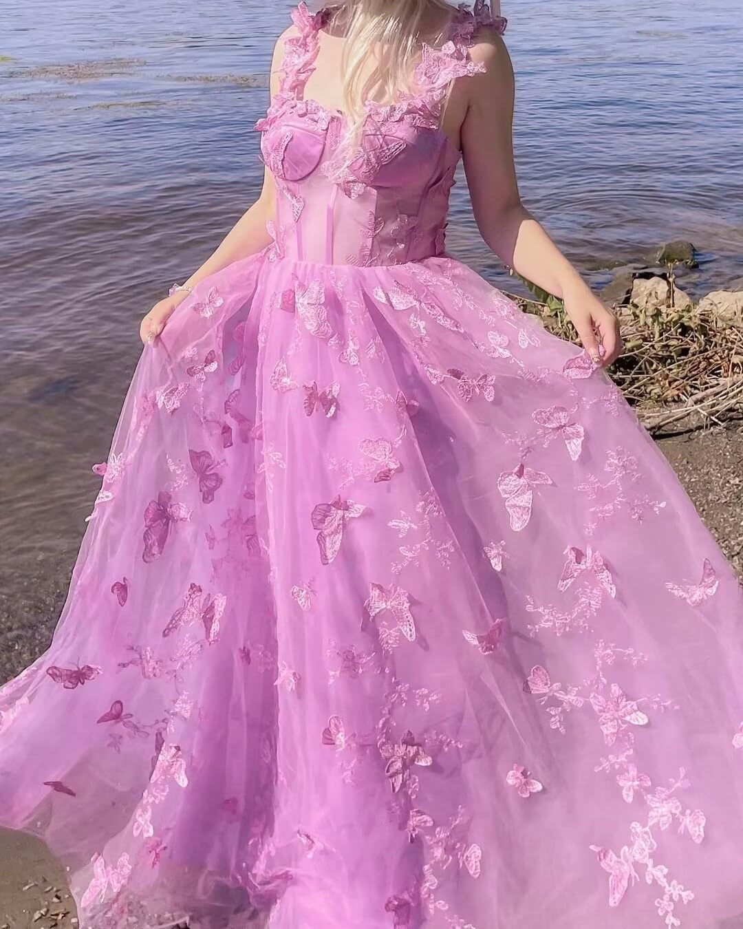 Zepumen 3D Butterfly Tulle Prom Dress Long Ball Gown Lace Appliques Formal Evening Party Gown