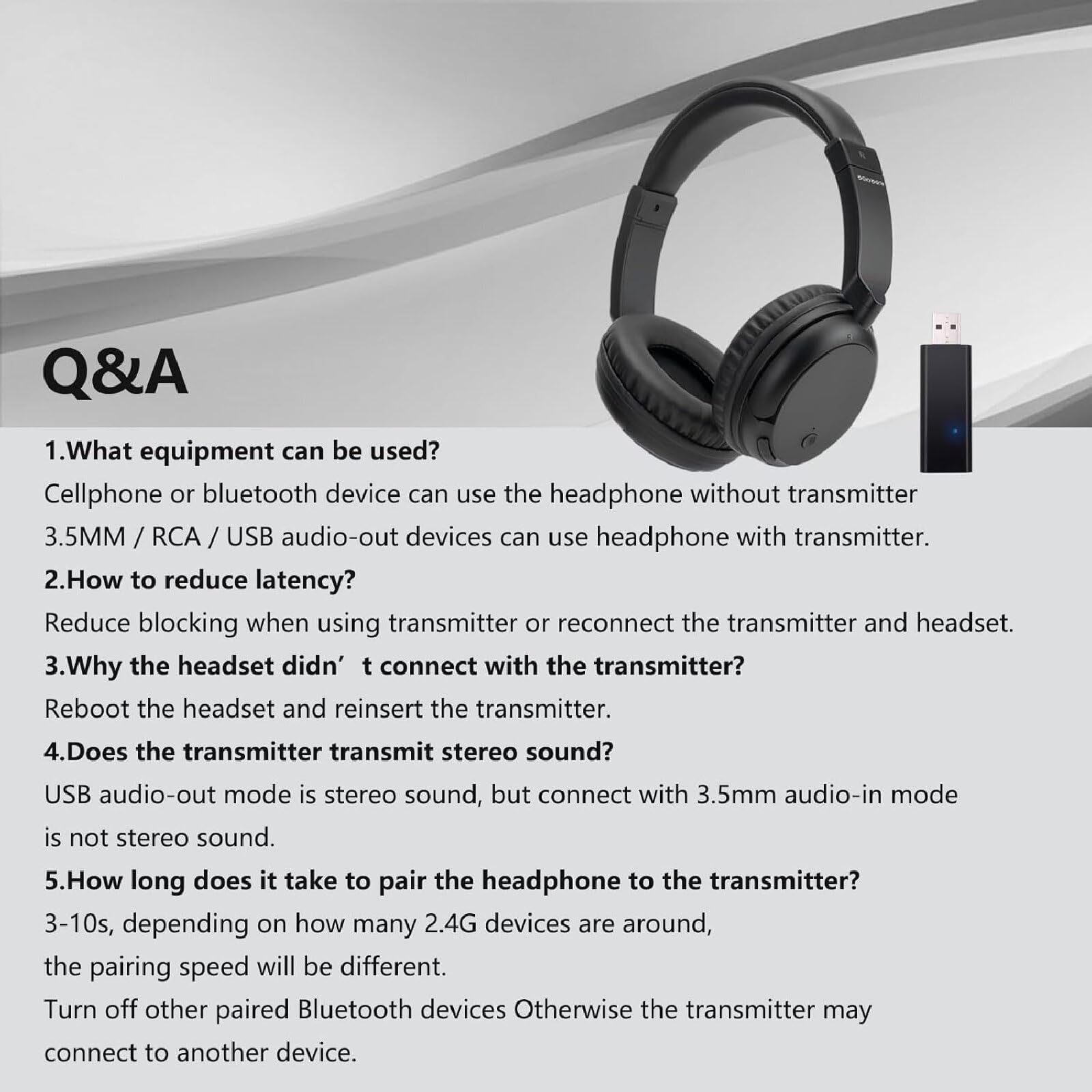 Auriculares para TV Inalámbrico para Personas Mayores y Adultos, Auriculares 2.4G y Bluetooth 5.3 con Transmisor USB, 10H de Reproducción,Latencia Ultra Baja para PC, TV, Dispositivos de Audio