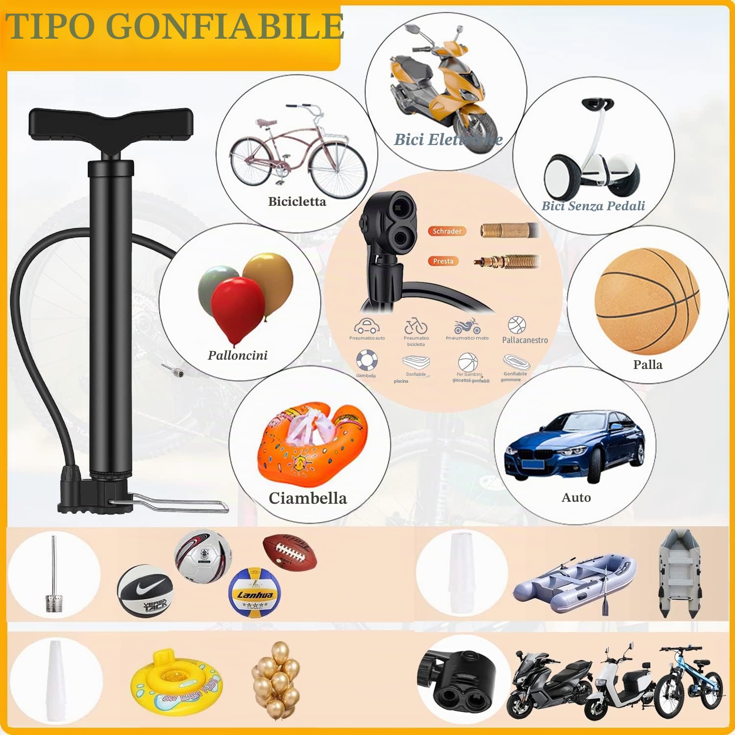 Taeku Pompa da Pavimento, Multifunzione 120 psi Portatile della Pompa per Bici MTB con Tubo Flessibile Adattatori per Presta e Schrader Valve per Bici Palle