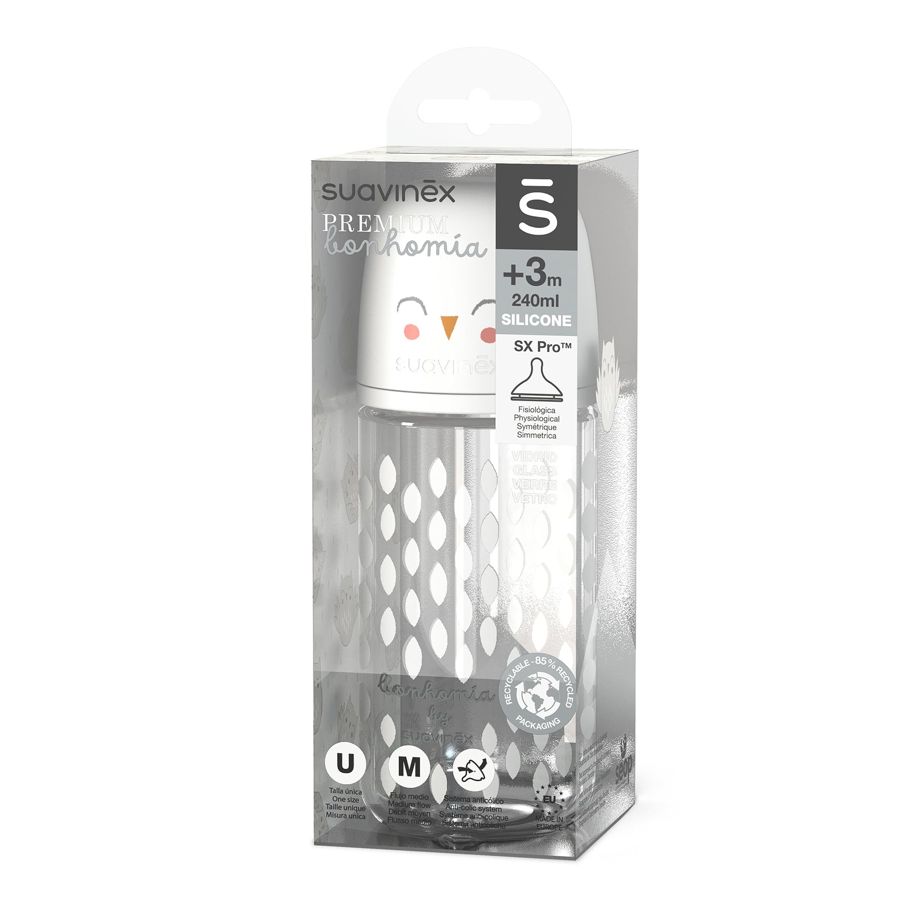 Suavinex, Confezione Biberon in Vetro da 240 ml. Biberon con tettarella simmetrica in silicone SX Pro flusso medio (M), anticoliche, per bambini +3 mesi, Bonhomia rosa, grigio