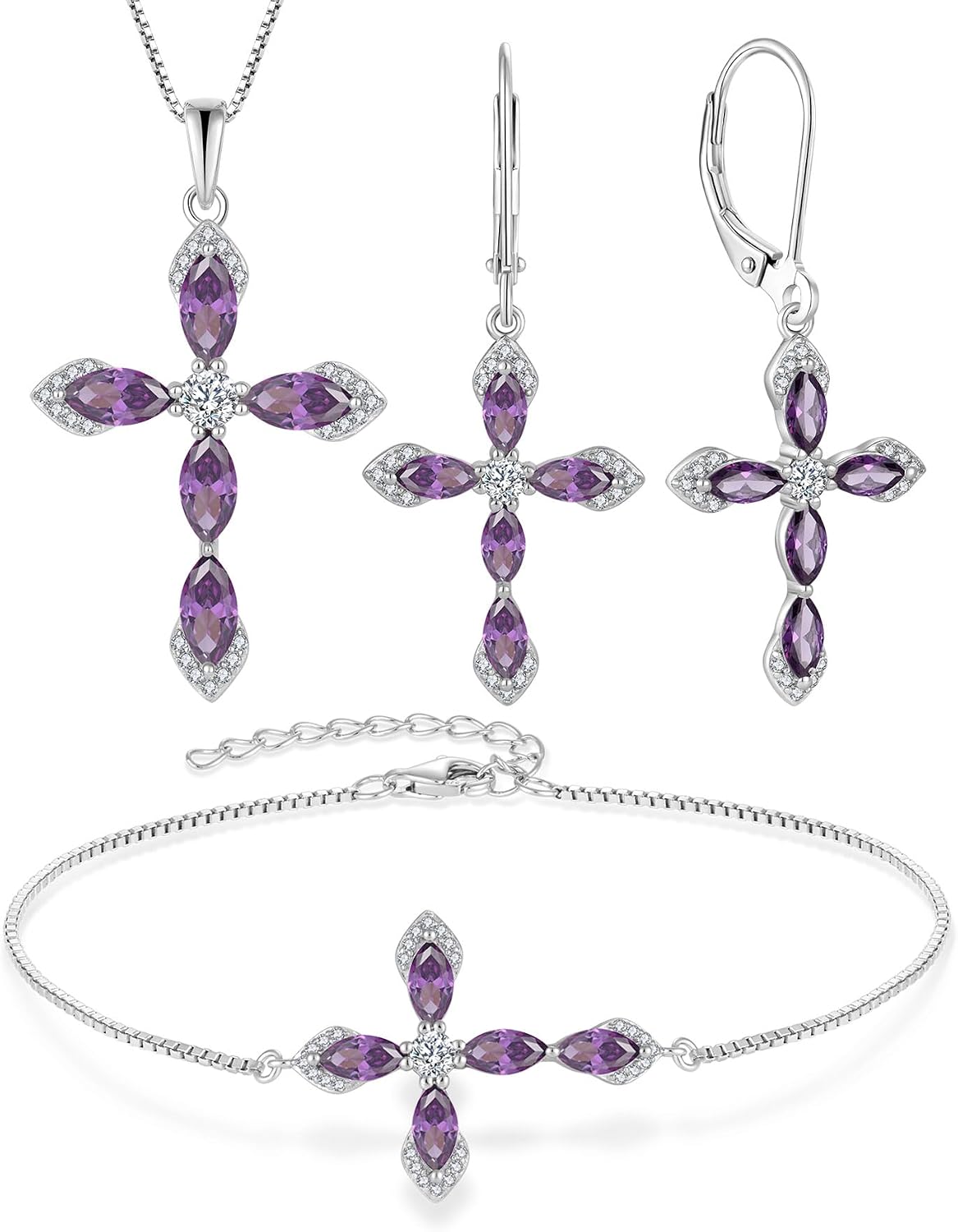 Cross Necklace Earrings Bracelet 925 Sterling Silver Amethyst Jewelry Set Gemstone Crucifix Religious February Birthstone Jewelry for Women