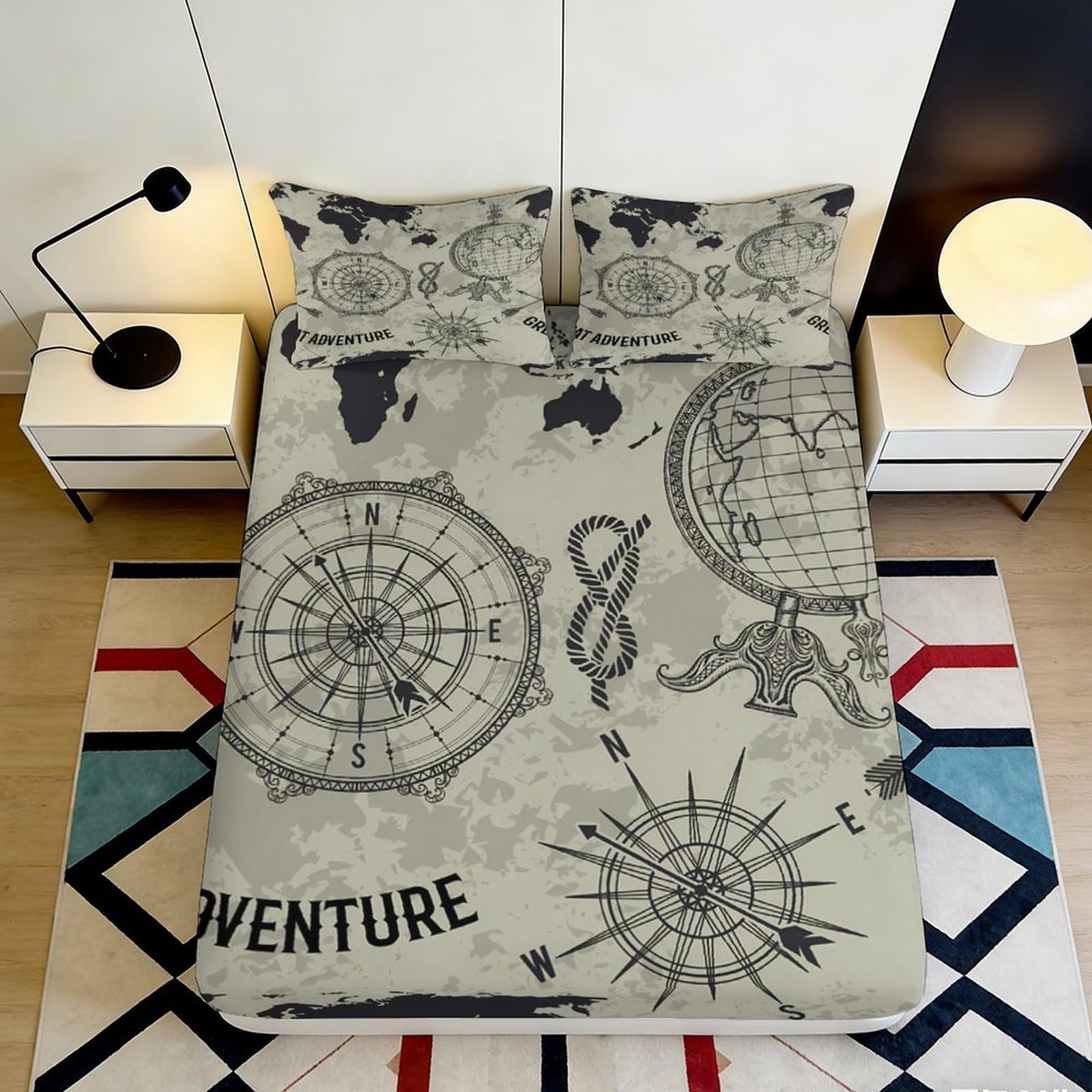 3D Printed Vintage Map Fitted Sheet Microfiber Soft Adventure Compass Bed Sheet for Bedroom Dorm Aesthetic Decor 90x200x25cm