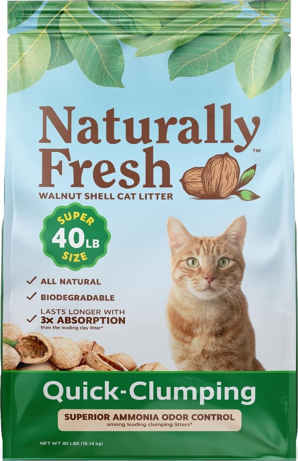 Naturally Fresh Cat Litter Made From Walnut Shells, 1-2 Cats, Unscented, Upcycled, Easy Scooping, Sustainable, 40 Lbs