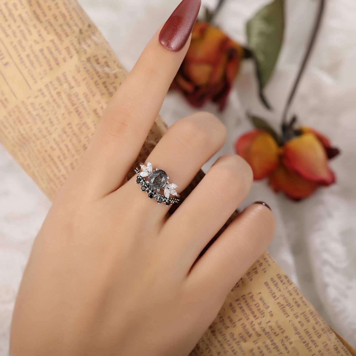 Oval Natural Black Rutilated Quartz Celtic Knot Bridal Wedding Ring Sets with Black Gold or Platinum Plated 925 Sterling Silver, Irish Gothic Engagement Rings and Spinel Trinity Annversary Band Size 4-9 - Image 4