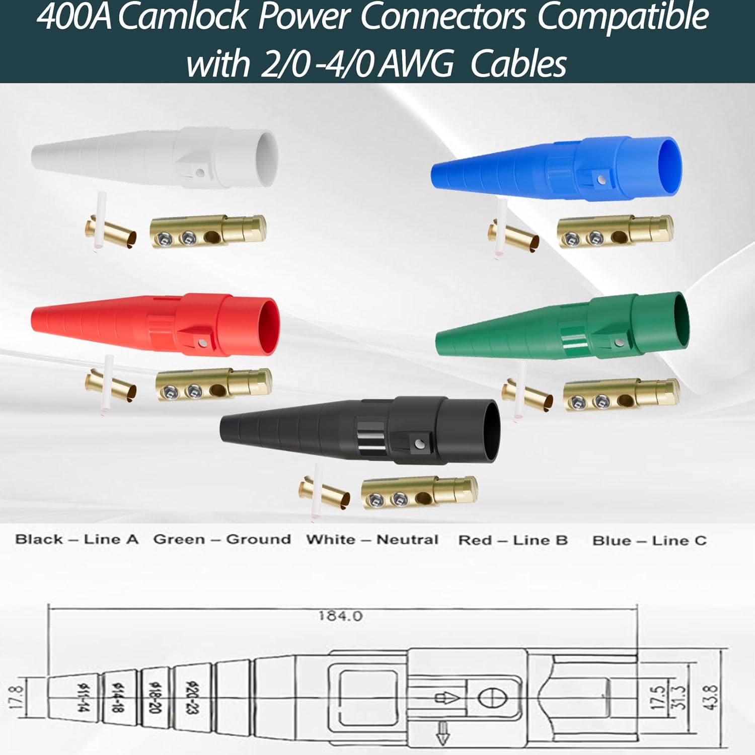 (5PCS Male) CLS40 400A Cam Lock Power Connector, Camlock Wire Set with 5 Male for Power Distro Cord, 2/0-4/0 Cam-Lock Cable, 600V Camlocks Connectors for Stage Entertainment/Industrial, 5 Colors