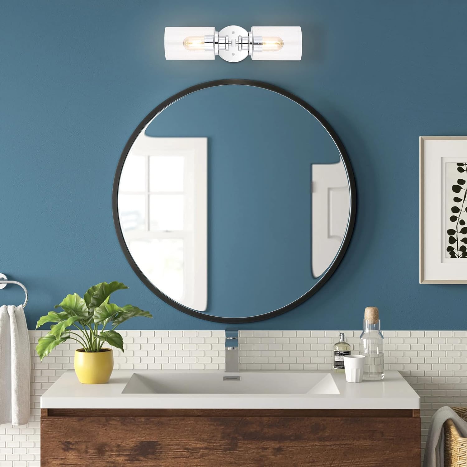 JONATHAN Y 16.5" Chrome 2-Light LED Wall Sconce, Modern Farmhouse Vanity Light with Seeded Glass Shade, Industrial Iron Fixture for Bathroom Mirror, LED Bulbs Included (JYL7577D)