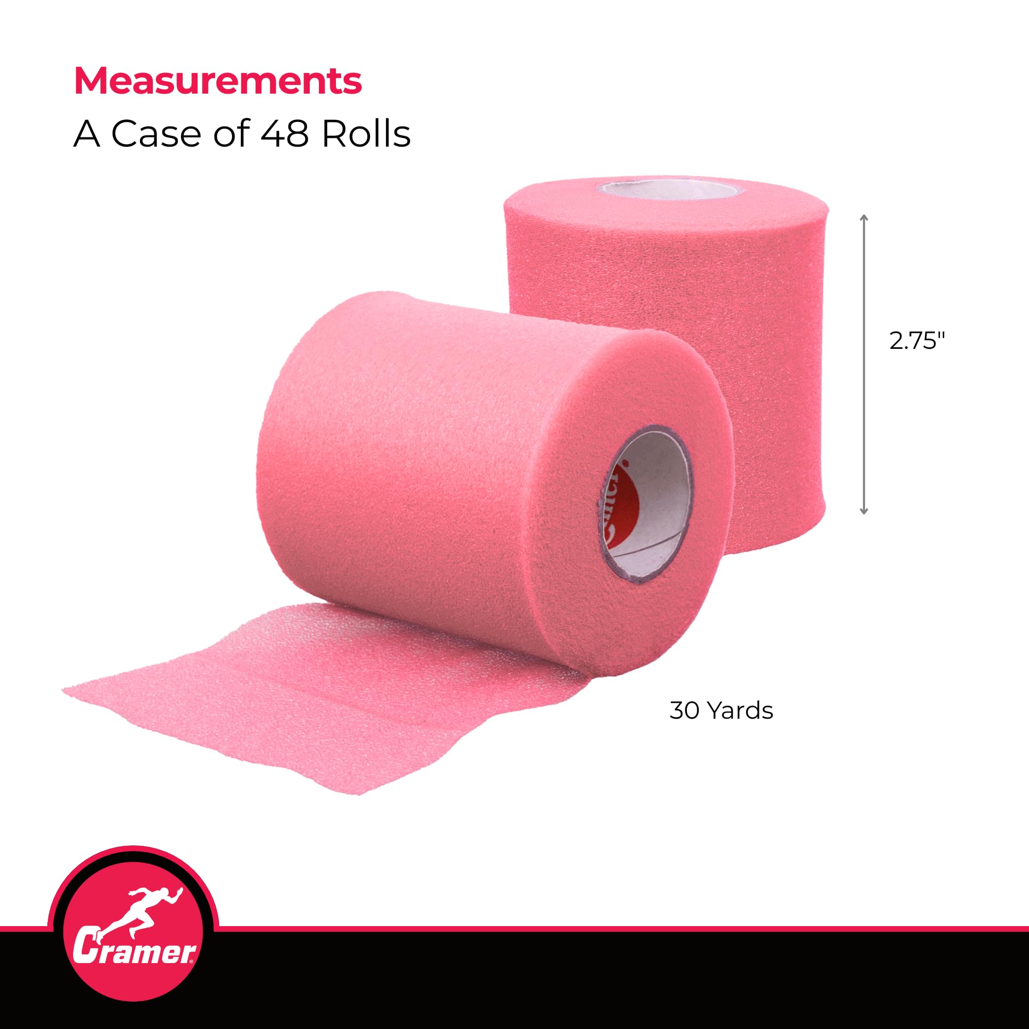 Cramer Tape Underwrap, Bulk Case of 48 Rolls of PreWrap for Athletic Taping, Hair Tie, Headband, Patellar Support, Pre-Wrap Athletic Tape Supplies, 2.75" X 30 Yard Rolls of Pre Wrap, Brite Pink