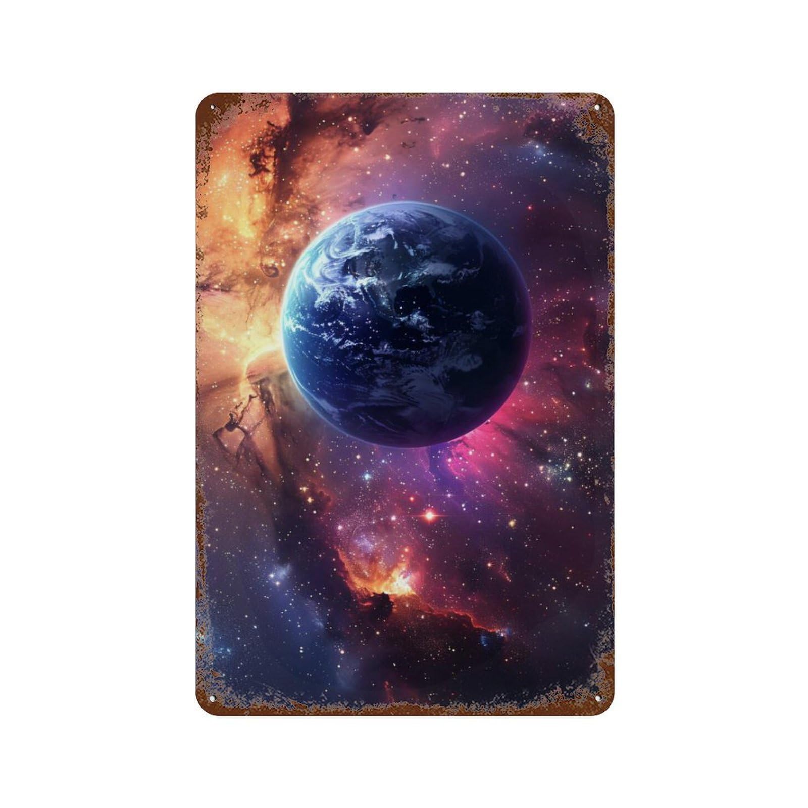 Cosmic Earth Wallpaper-1 Rusty Metal Tin Sign 11.8"x7.9", Rustic Home Decor for Garage, Pub Or Kitchen