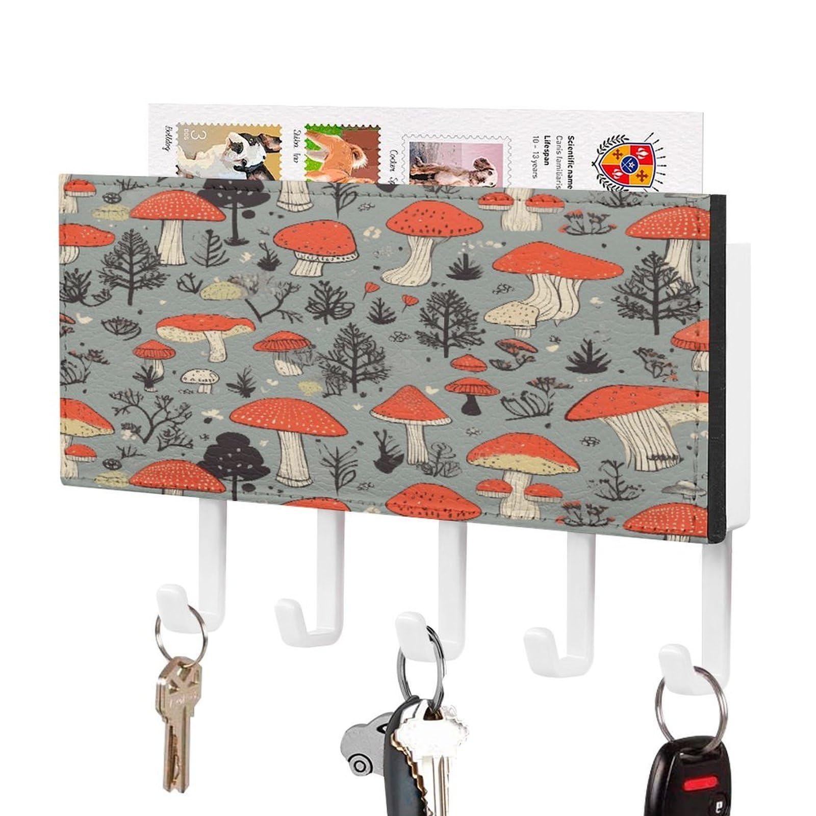 FekiLoot Mushroom2 Key Holder for Wall Decorative Mail Organizer with 5 Key Hook Self Adhesive Key Rack with Tray Coat Rack Wall Mount Key Hanger Decor for Entryway Door