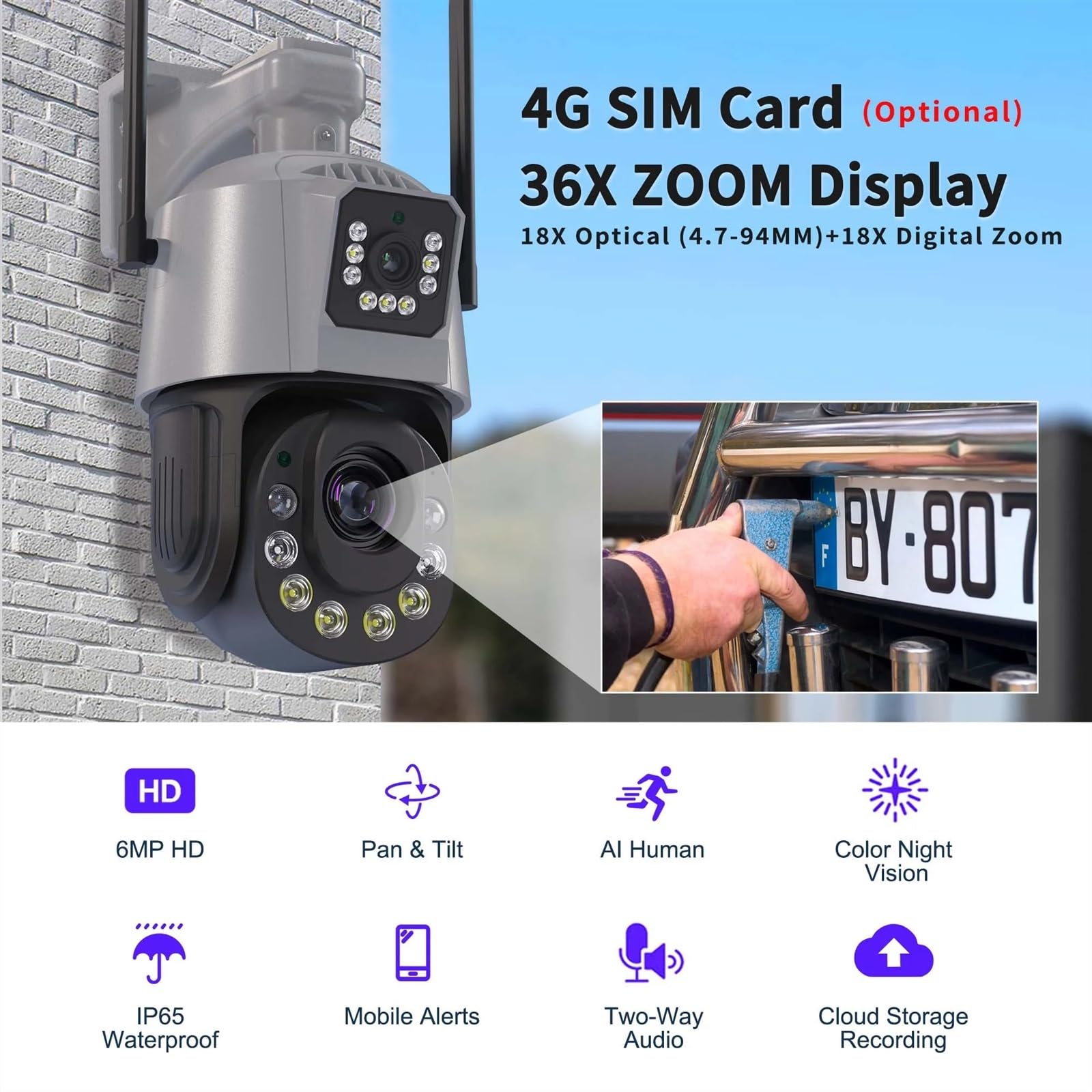 Kamera Dzwonkowa, 6MP Camera Dual Lens 36X Zoom Outdoor PTZ Security Protection Surveillance Cameras Human Detection 4G Sim Card IP Cam CCTV(36XZoom WiFi Camera)