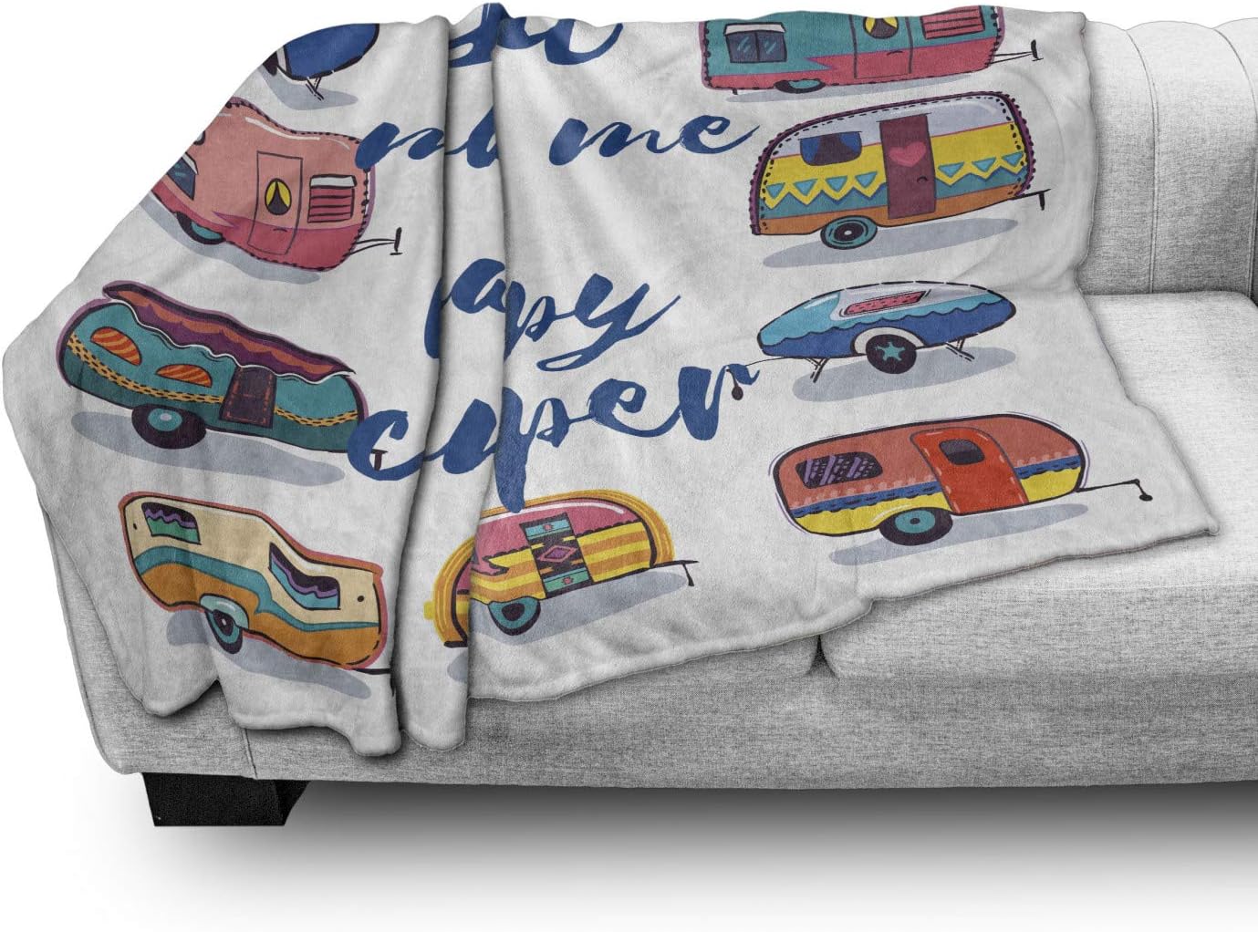 Lunarable Camper Throw Blanket, You Make Me Happy Words Caravans Retro Style Travel Graphic Print, Flannel Fleece Accent Piece Soft Couch Cover for Adults, 50" x 70", Multicolor