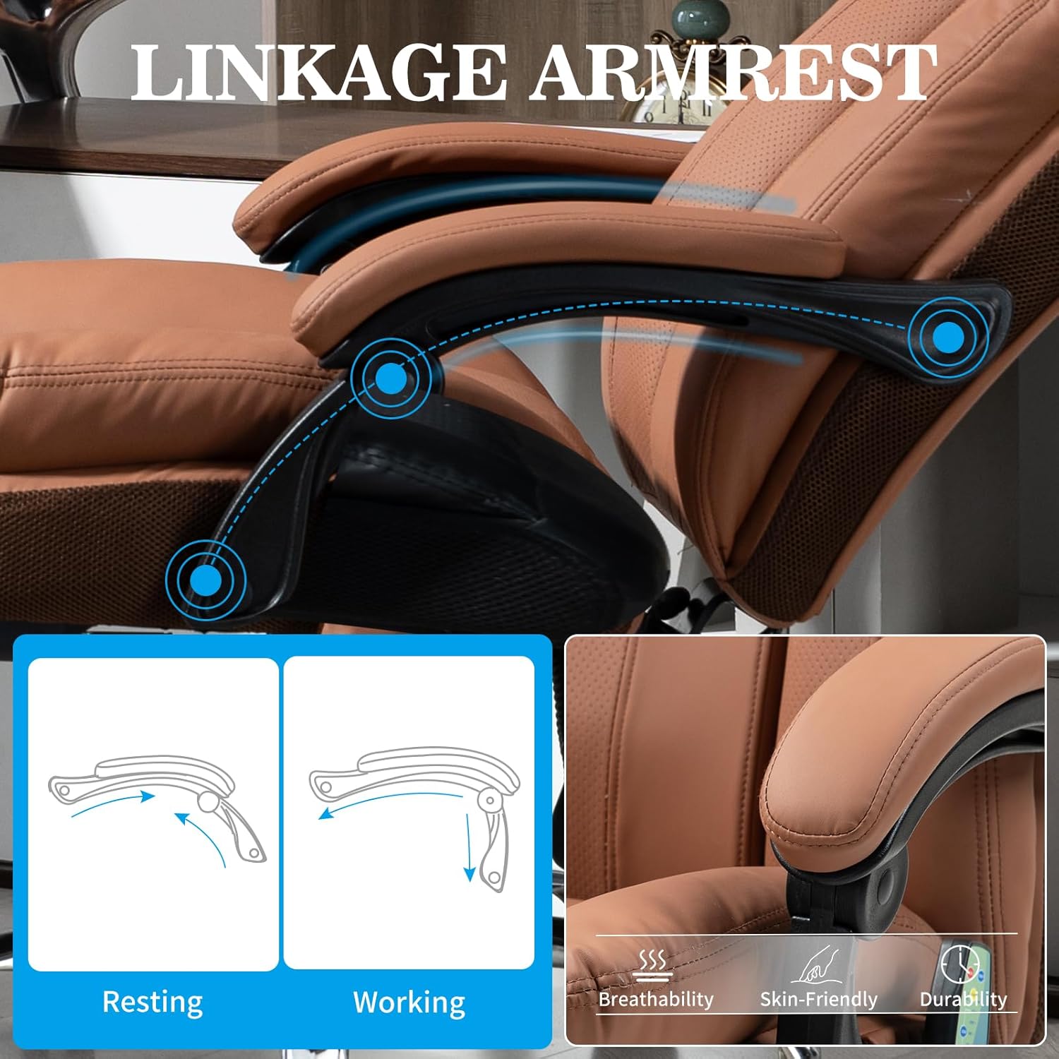 Image showing the linkage armrests of the Salutrobusto chair, illustrating their movement between resting and working positions.