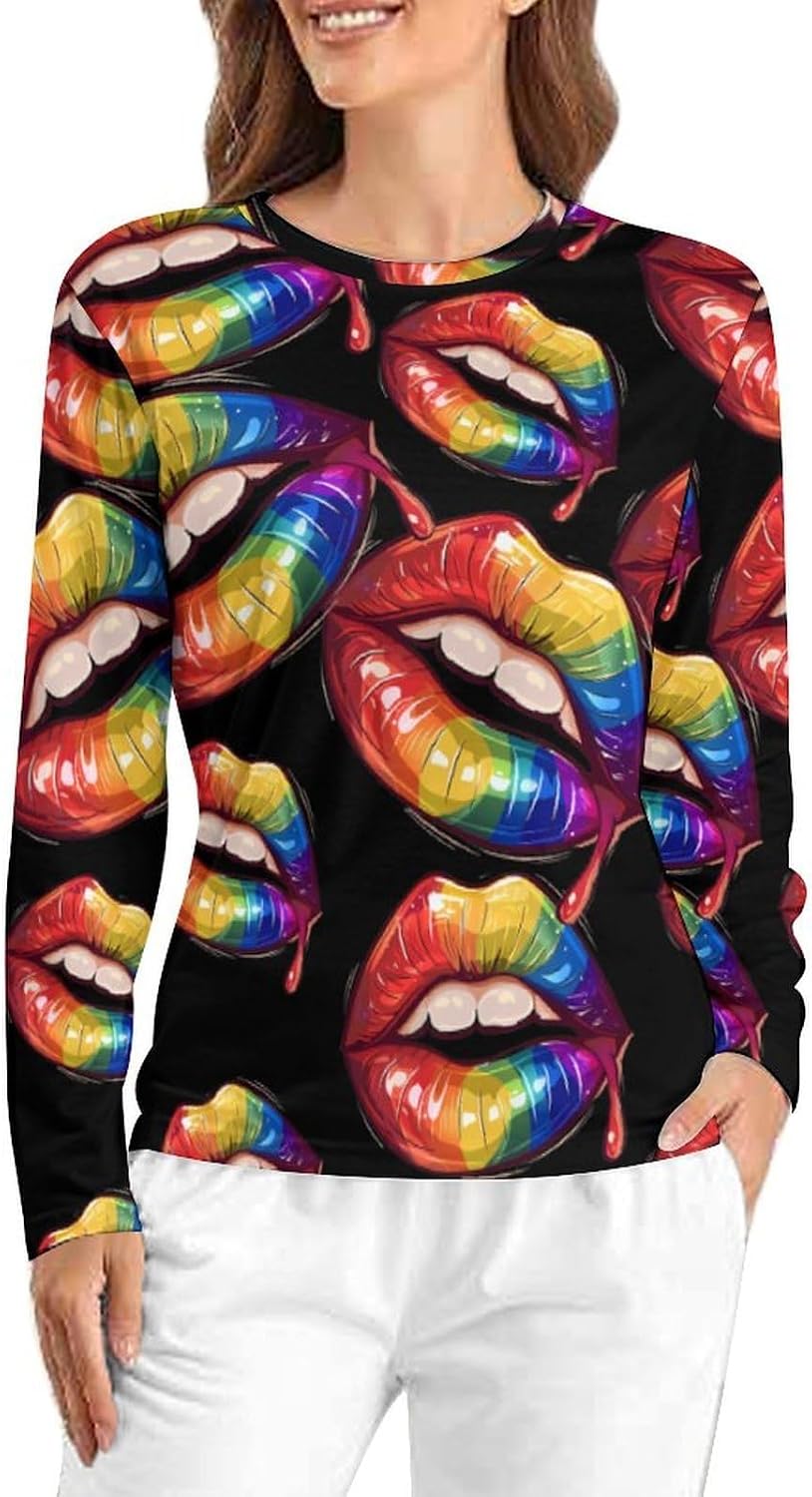 LGBT Gay Rainbow Lip Women's Pajama Top Sleepwear Pajamas Sleep T-Shirt Long Sleeve Shirt Crewneck Tee