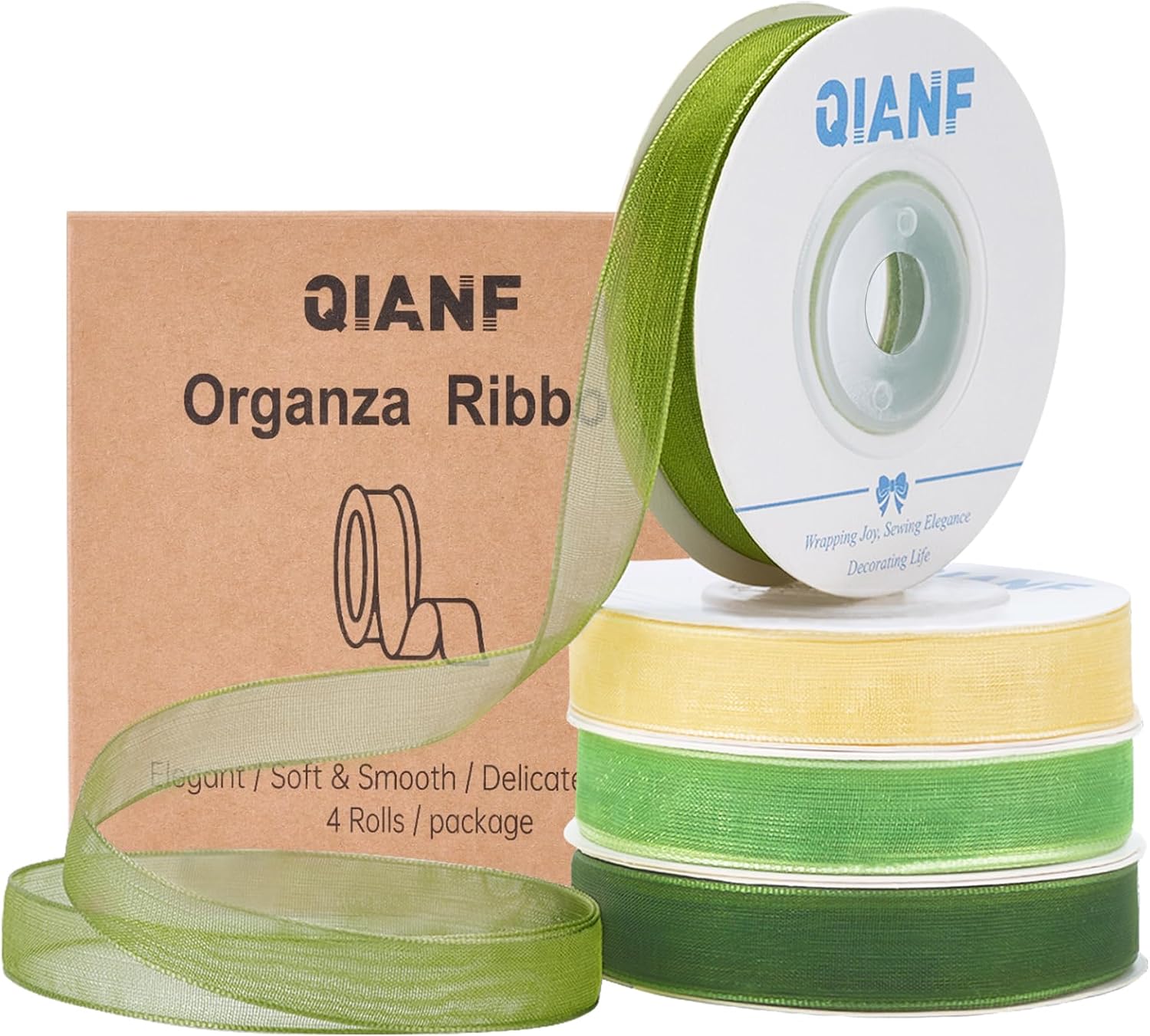 QIANF Blue White Organza Ribbon 1 Inch x 60 Yards Assorted Color Sheer Ribbons Set for Gift Wrapping, Flower Bouquets, Hair Bows, Wedding Decoration, Invitation Cards, Christmas (4 Rolls x 15Yd)