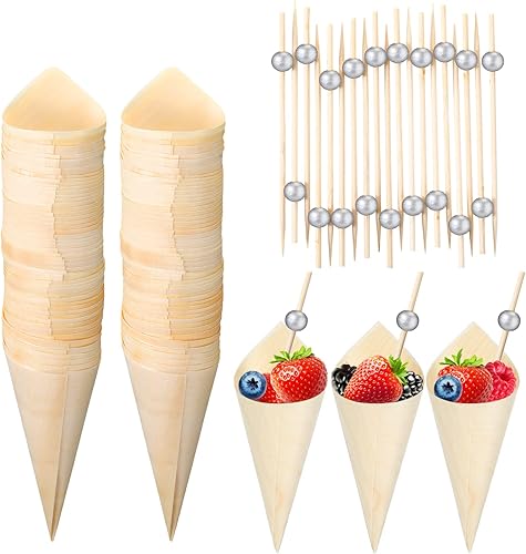 Queekay 200 piezas desechables de madera conos de perlas, palillos de bambú para aperitivos, palillos de madera para alimentos, soporte para cono de