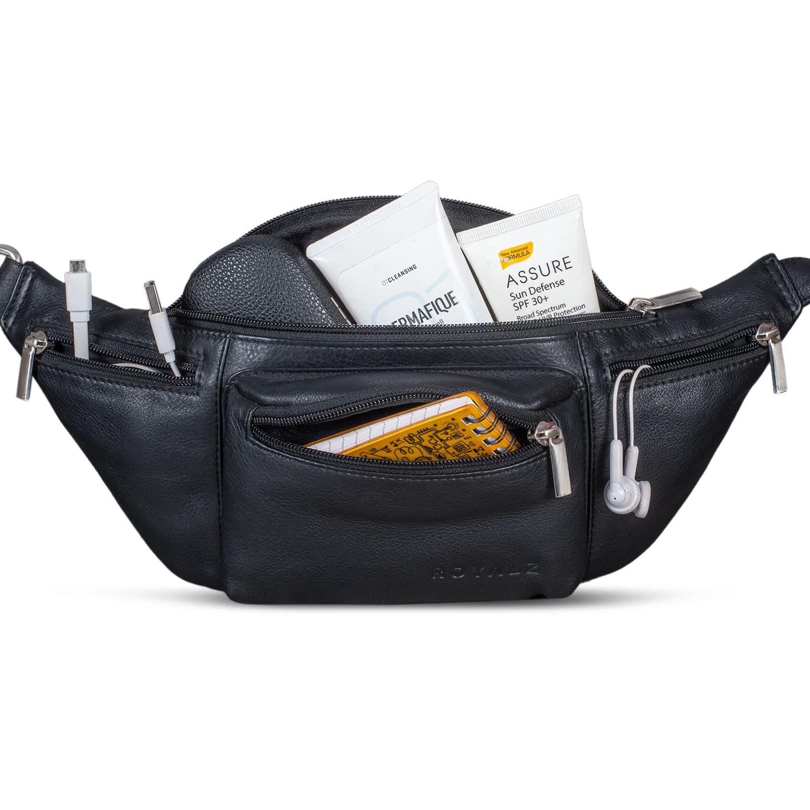 ROYALZ 'Laguna' Banane en Cuir Vintage Unisexe - Sac de Ceinture pour Homme et Femme - Disponible en Sac de Poitrine ou de Hanche - Couleur: Noir