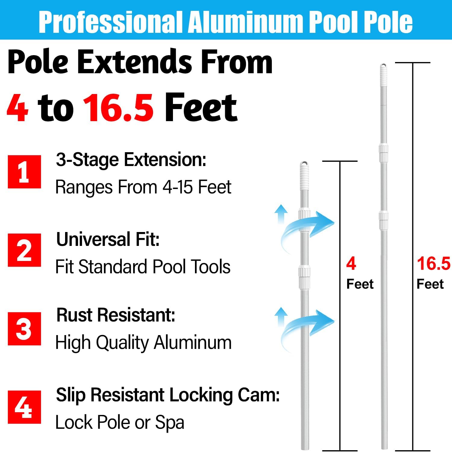 YEECHUN Professional 16.5 Foot Swimming Pool Pole Telescopic Heavy Duty Aluminum, Adjustable Length 6.5 to 16.5 Feet, Universal Pole for Skimmer Net Rake, Hooks, Vacuum Heads and Brushes