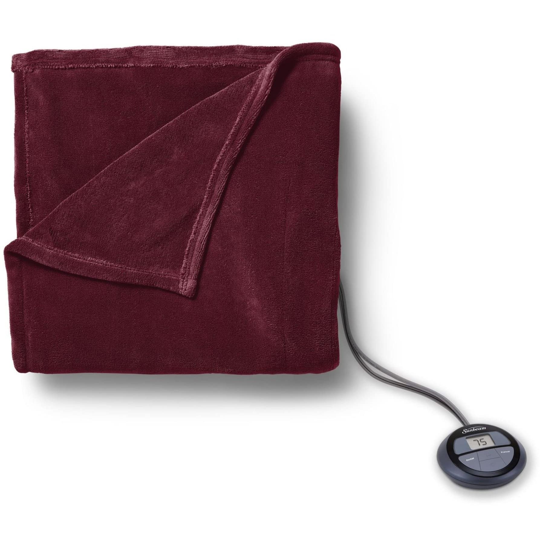 Sunbeam Microplush Queen Electric Heated Blanket in Garnet color, unfolded on a bed.
