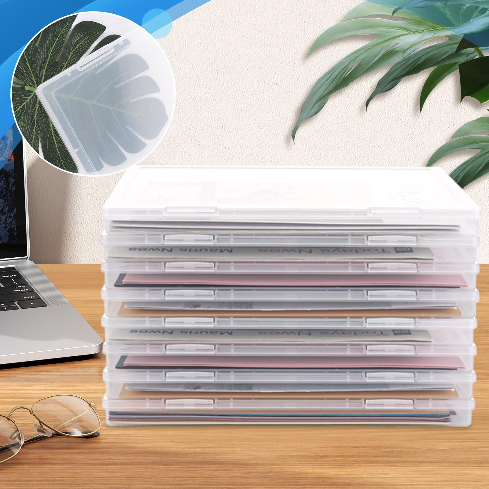 Cajas de Plástico A4 Transparentes, 8 Unidades Cajas Archivadoras Portátiles 30,5 x 22,3 x 2,2 cm, Organizador de Papeles Apilable para Oficina, Escuela, Documentos y Manualidades