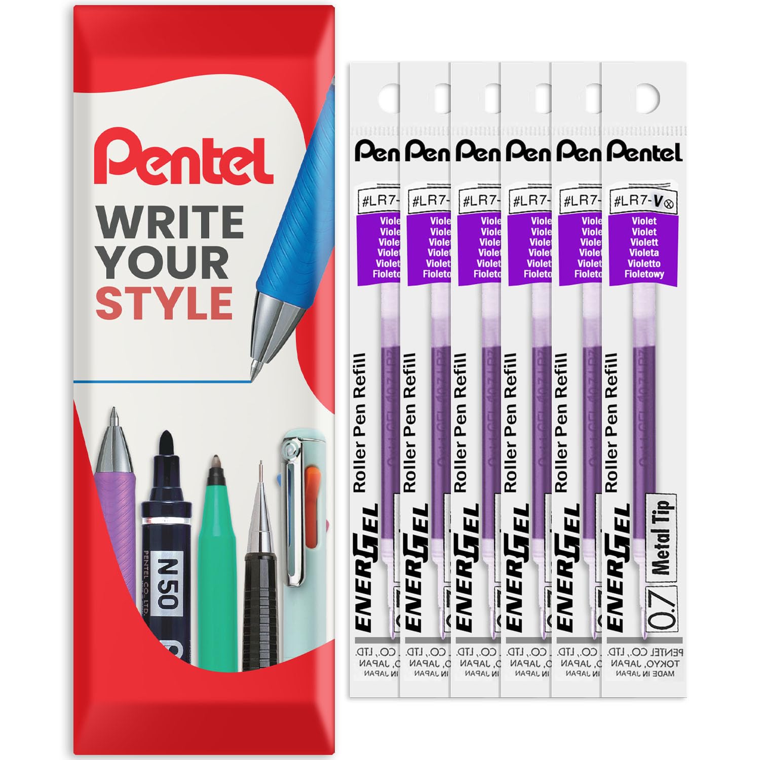 Pentel Energel 0.7mm Refill Metal Tip LR7 - BL77/BL57/BL37 Pen Refill - in Envelope Gift Packaging - Pack of 6 (Violet)