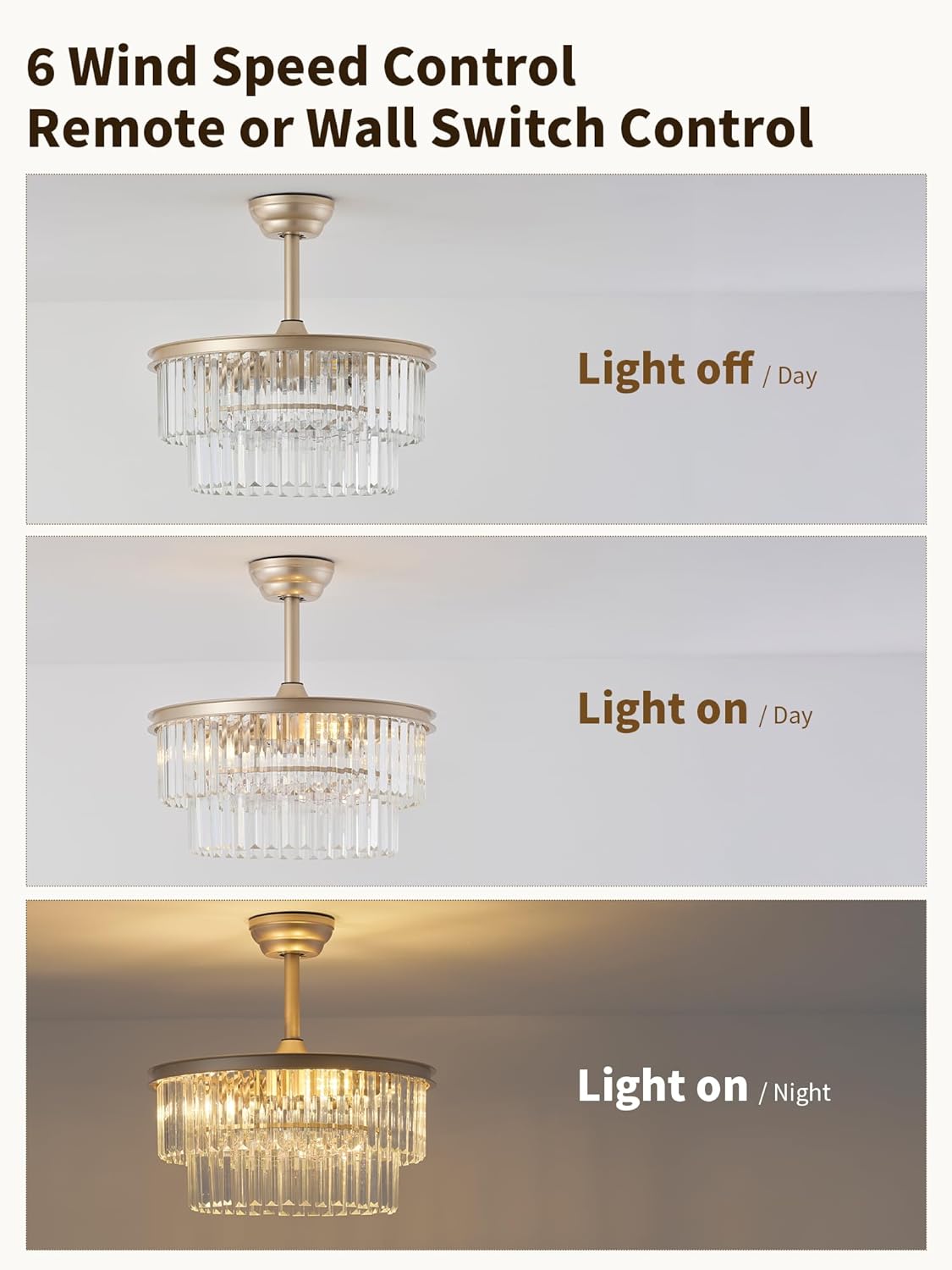 20" Gold Crystal Fandelier Ceiling Fans with Lights, Caged Gold Crystal Chandelier Ceiling Fan with Light Remote Control with 6 Speeds for Bedroom, Nursery, Living Room