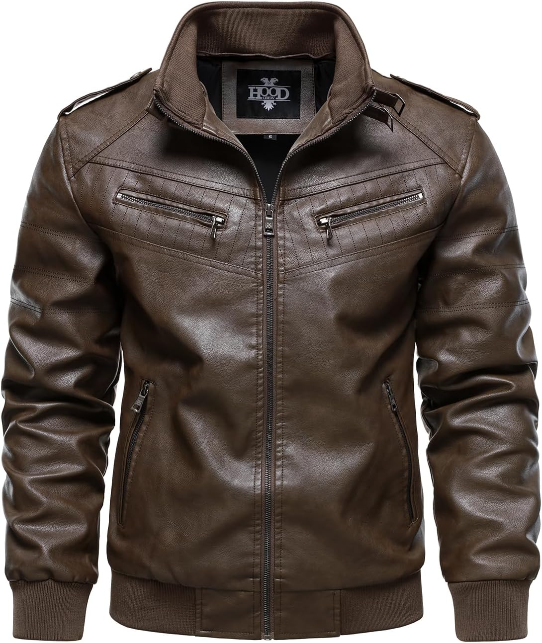 HOOD CREW Men's Leather Jackets Faux Bomber Jacket for Men Motorcycle Zip-Up Biker Coat With Hoodie - Image 3