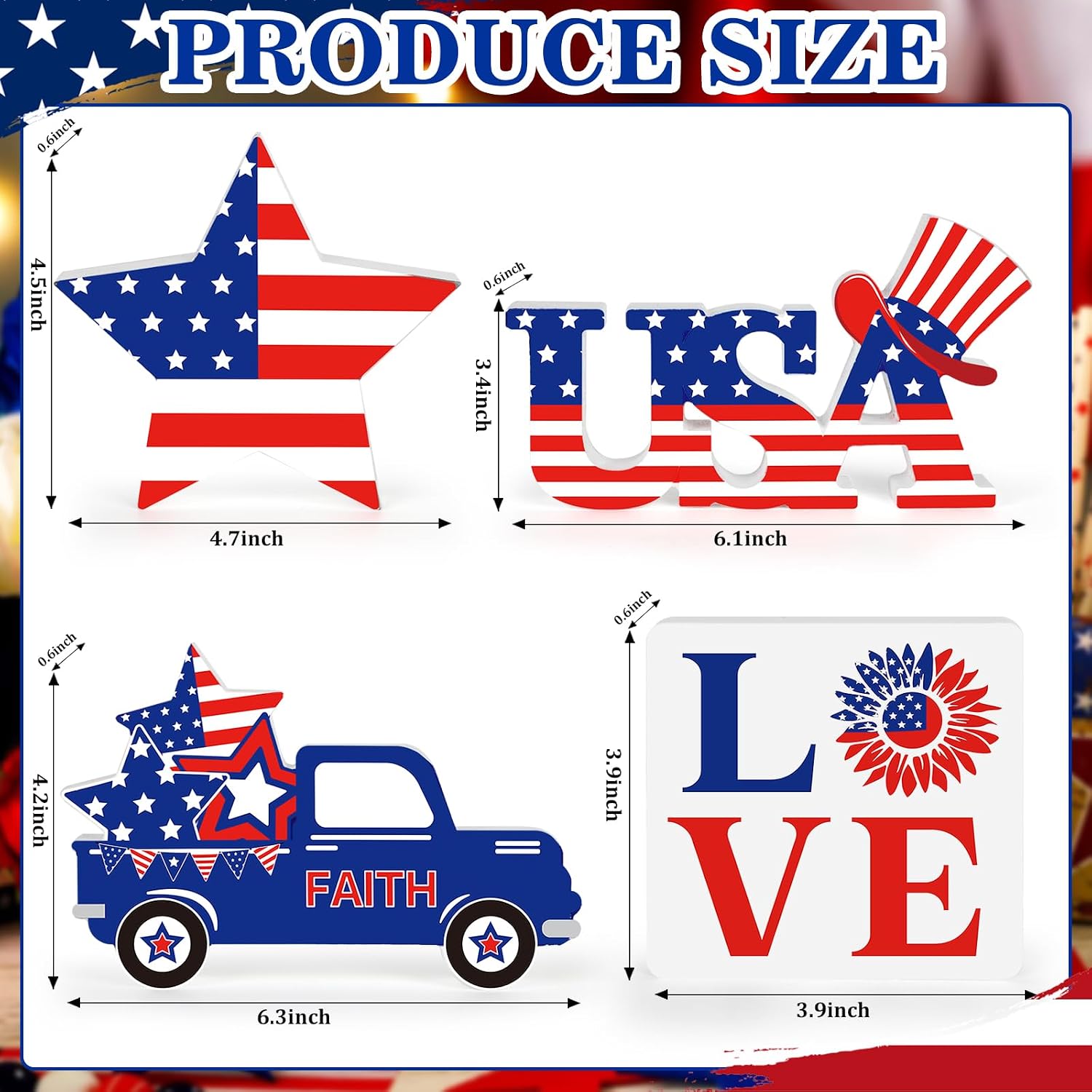 4th of July Decorations 4 Pcs Patriotic Decorations USA Independence Day Memorial Day Table Shelf Red White and Blue Fourth of July Wooden Star American Decor for Home Office Labor Day Indoor