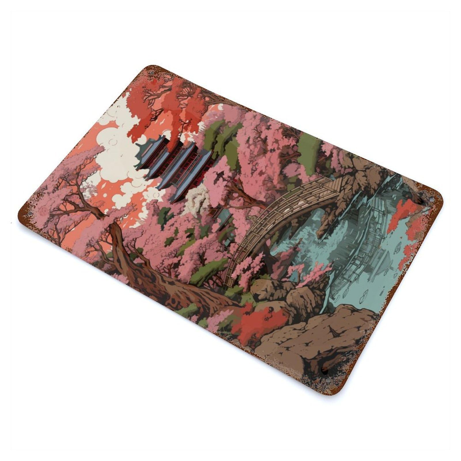 Japanese Garden Pagoda Rusty Metal Tin Sign 11.8"x7.9", Ideal for Patio, Garden Room And Bar Decor