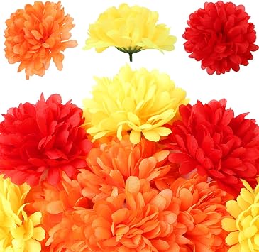 LHMTQVK 40Pcs Large Marigold Flower Heads Bulk 4 inch, Silk Marigold Artificial Flowers for Diwali Home Decor, Spring Bush Floral, Indian Decor for Pooja,DIY, Halloween, ChristmasMulti Color