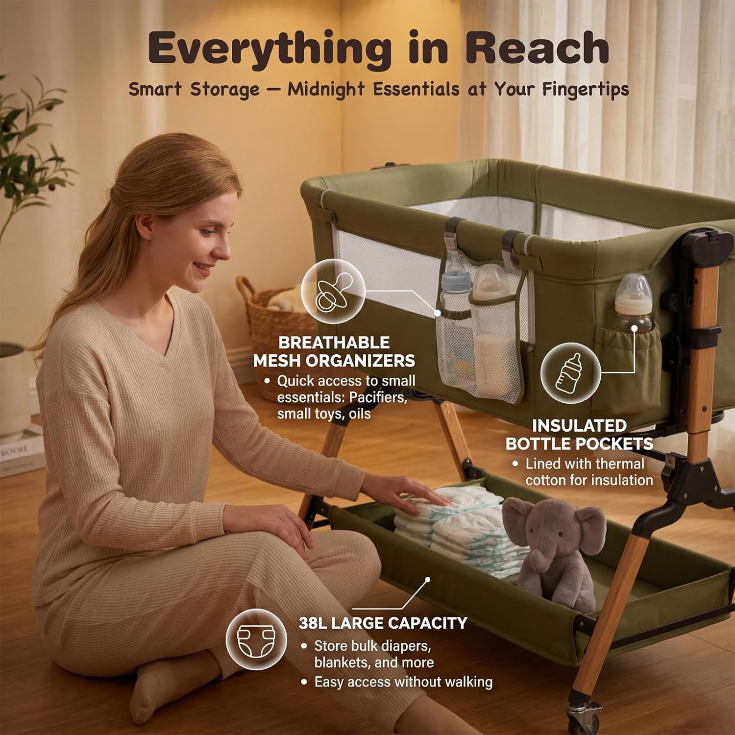3 in 1 Baby Bassinet Bedside Crib, CPSC & ASTM Certified, 5 Adjustable Heights, 3-7° Anti-Reflux Tilt, Stable Portable Bed Crib for Infant Newborns with Wheels, 38L Storage, Mattress - Green