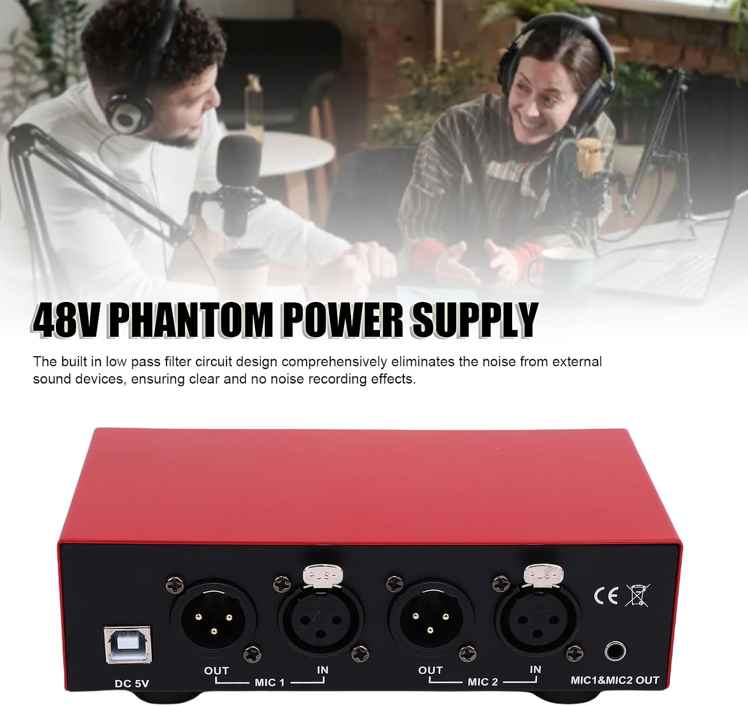 Yoidesu Phantoms Power Supply 48V USB Powered, Phantoms Power with 2 Input 2 Output Anti Interference for Dual Condenser Microphone