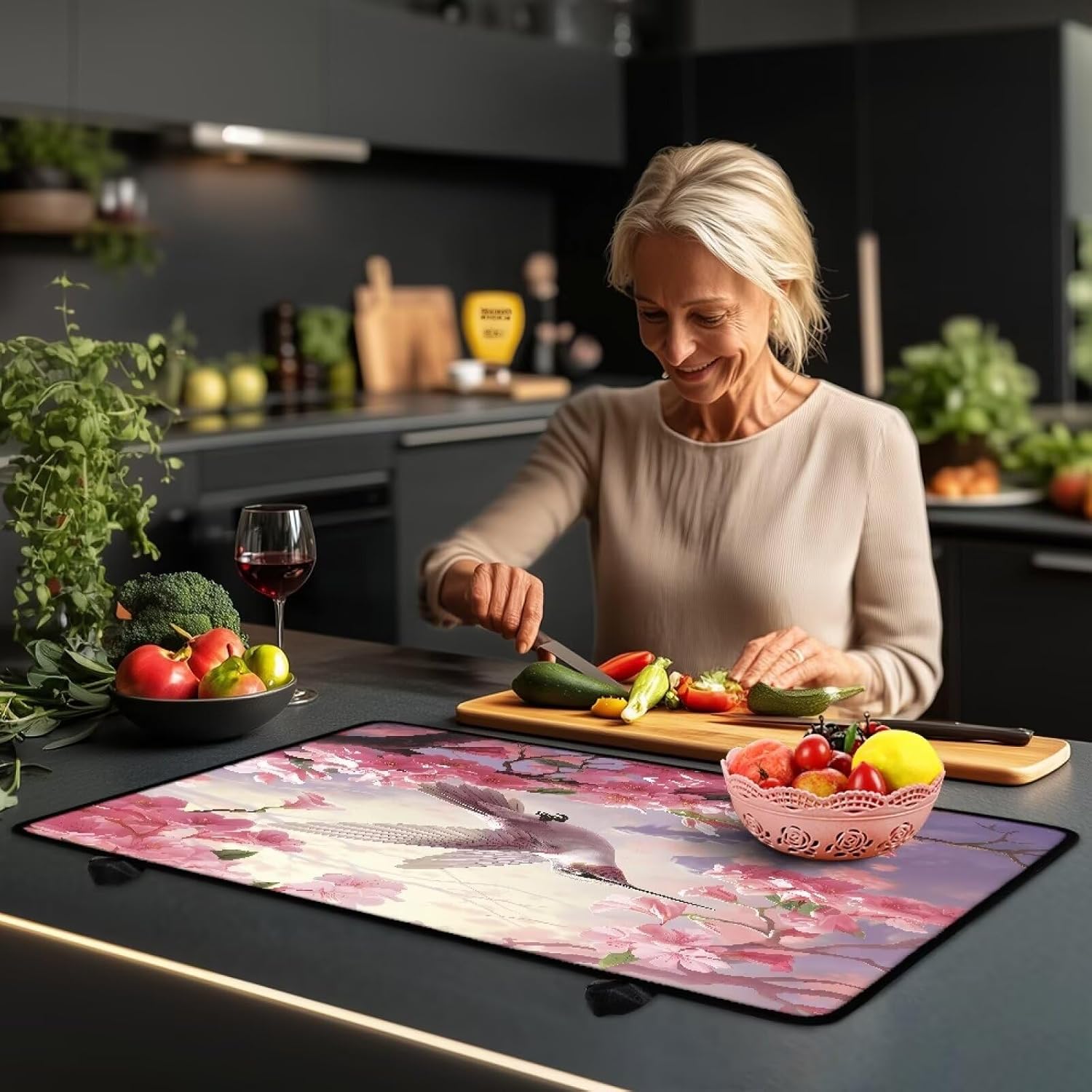 Poceacles Stove Top Cover Electric Glass Stove Top Mat Heat Resistant Non-slip Cooktop Protector Multipurpose Stove/Counter/Washer Top Protector Cover, Hummingbird Flower Pink