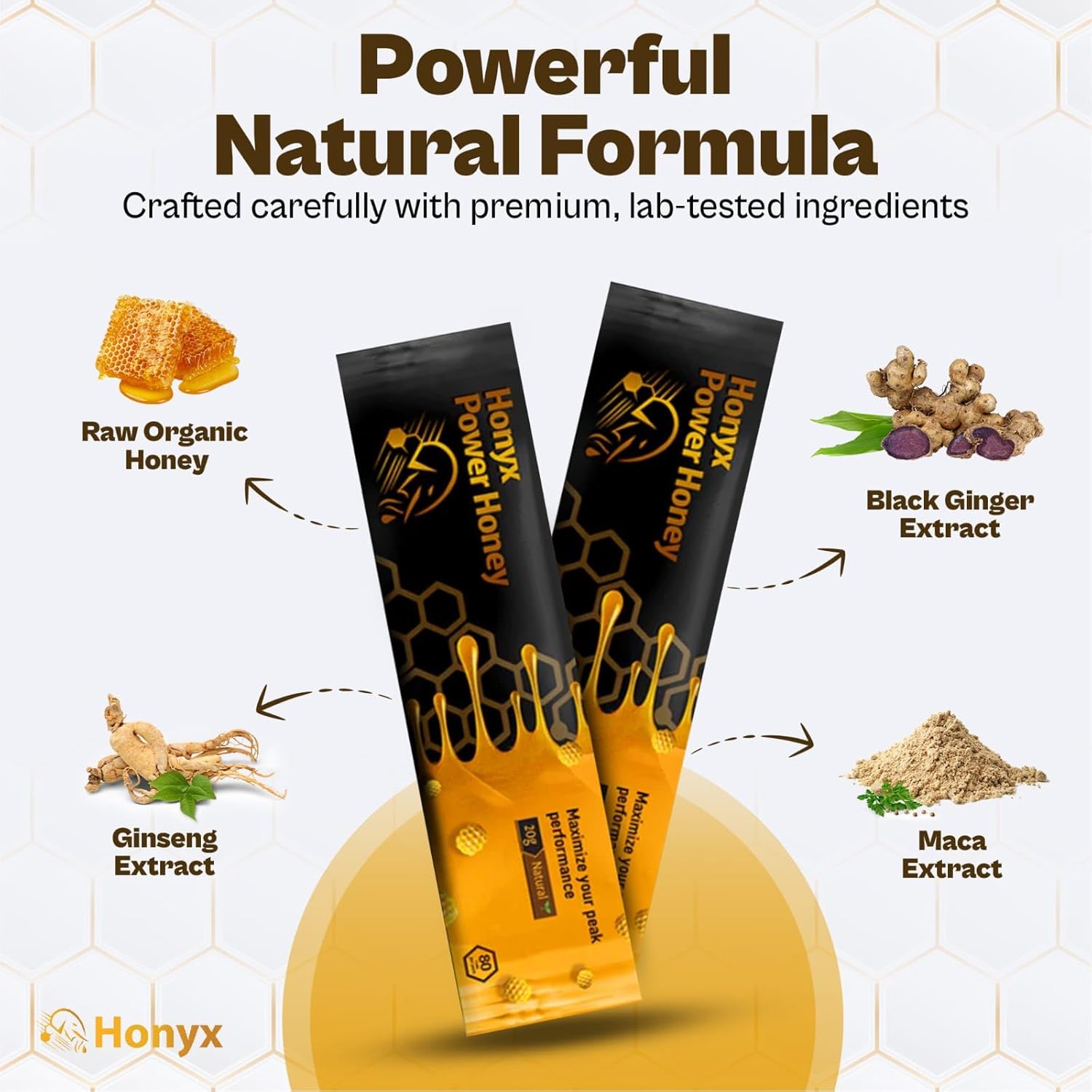 Honyx Honey Sticks 20g - Raw Organic Honey for Men with Black Ginger, Maca, Ginseng & Vitamin C - Travel Pack Individual Sticks ( Box of 10 )