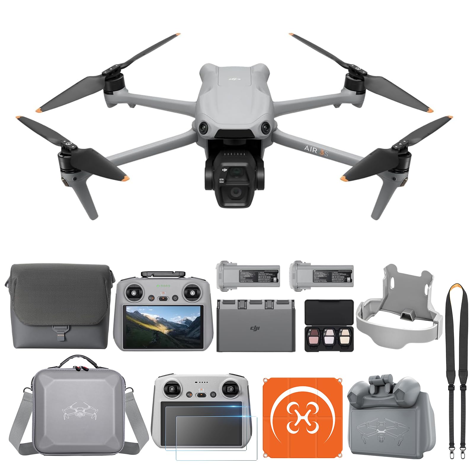 DJI Air 3S Fly More Combo (DJI RC 2) con Molteplici Accessori, Drone con Doppia Fotocamera 4K, CMOS 1" Grandangolo, Video HDR 4K/60fps, 14 Stop Gamma Dinamica, Autonomia 45 Min, Trasmissione 20 km