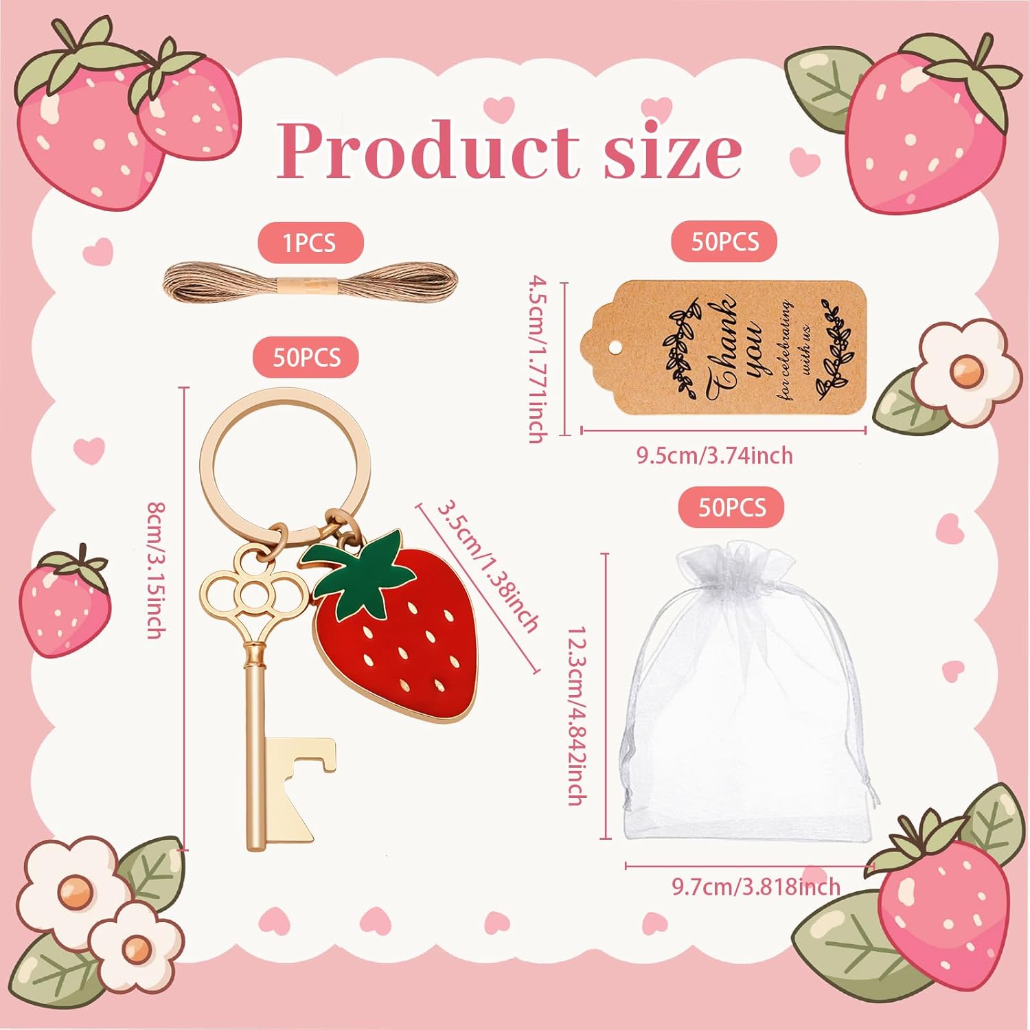 50Set Strawberry Bottle Opener Baby Shower Return Favors for Guest Strawberry Keychain Decorations with Thank You Tags Organza Bags for Baby Shower Gender Revel Party Souvenirs