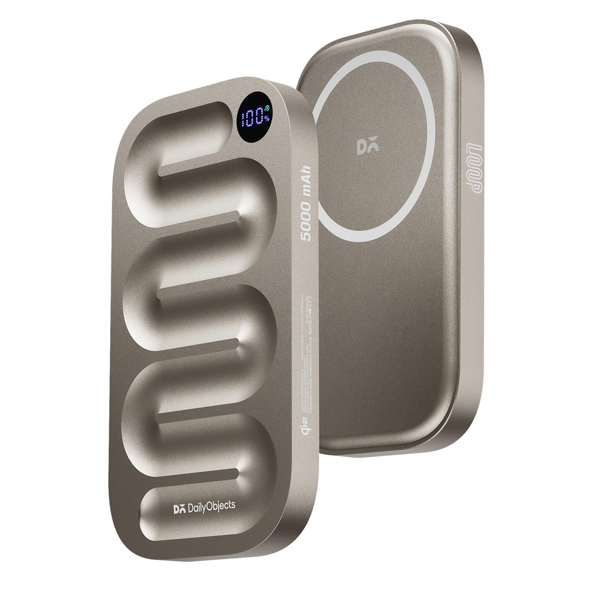 DailyObjects Loop Qi2 Certified Mag-Safe Compatible Aluminium Wireless Power Bank|5000 Mah|Fast Charging 20W|Compatible with Samsung/OnePlus/iPhone 12/13/14/15/16/Pro Max|Sleek & Light- Titanium
