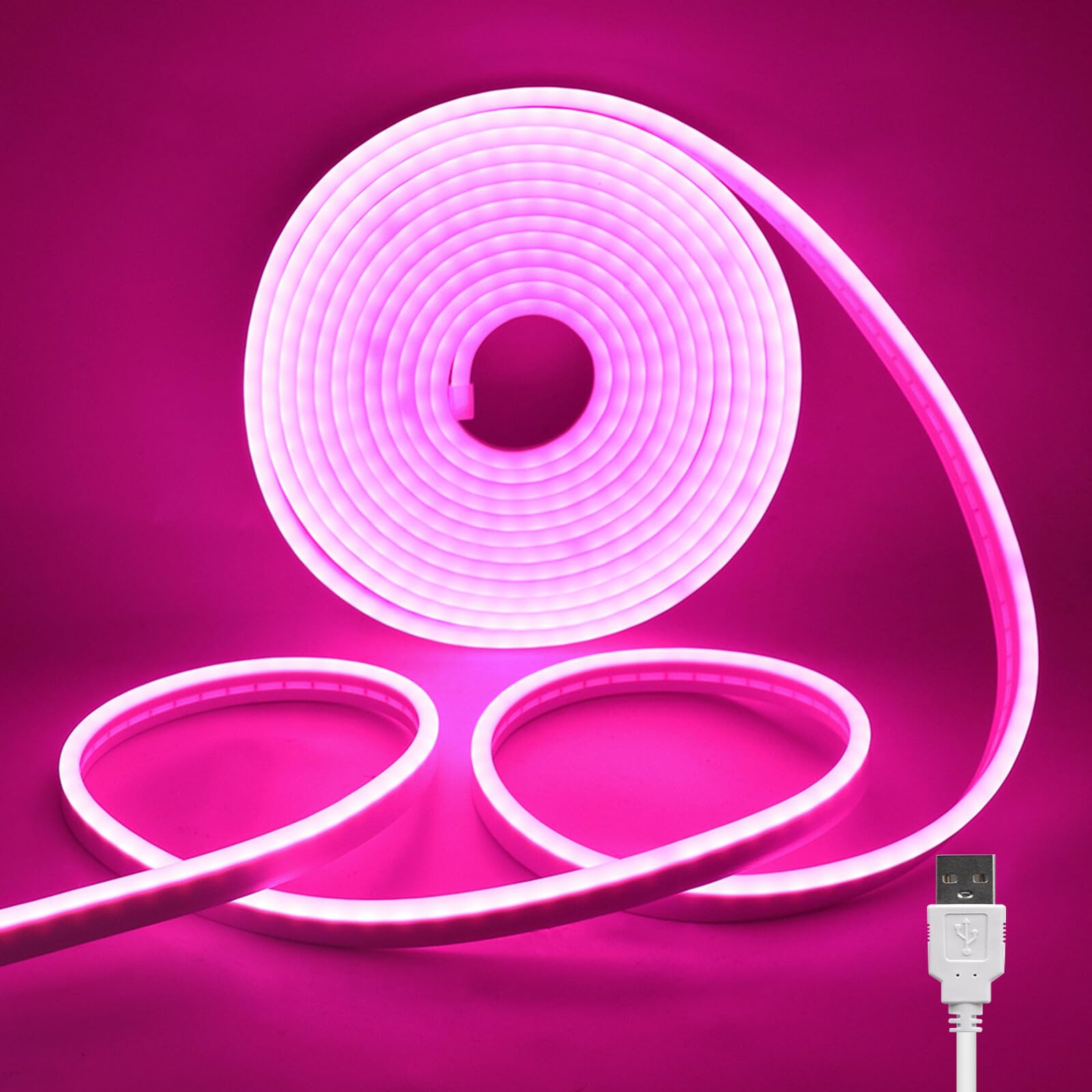 Wisada 2M LED Neon Rope Light with On/Off, Pink Light Waterproof Flexible LED Strip Light, DIY Design