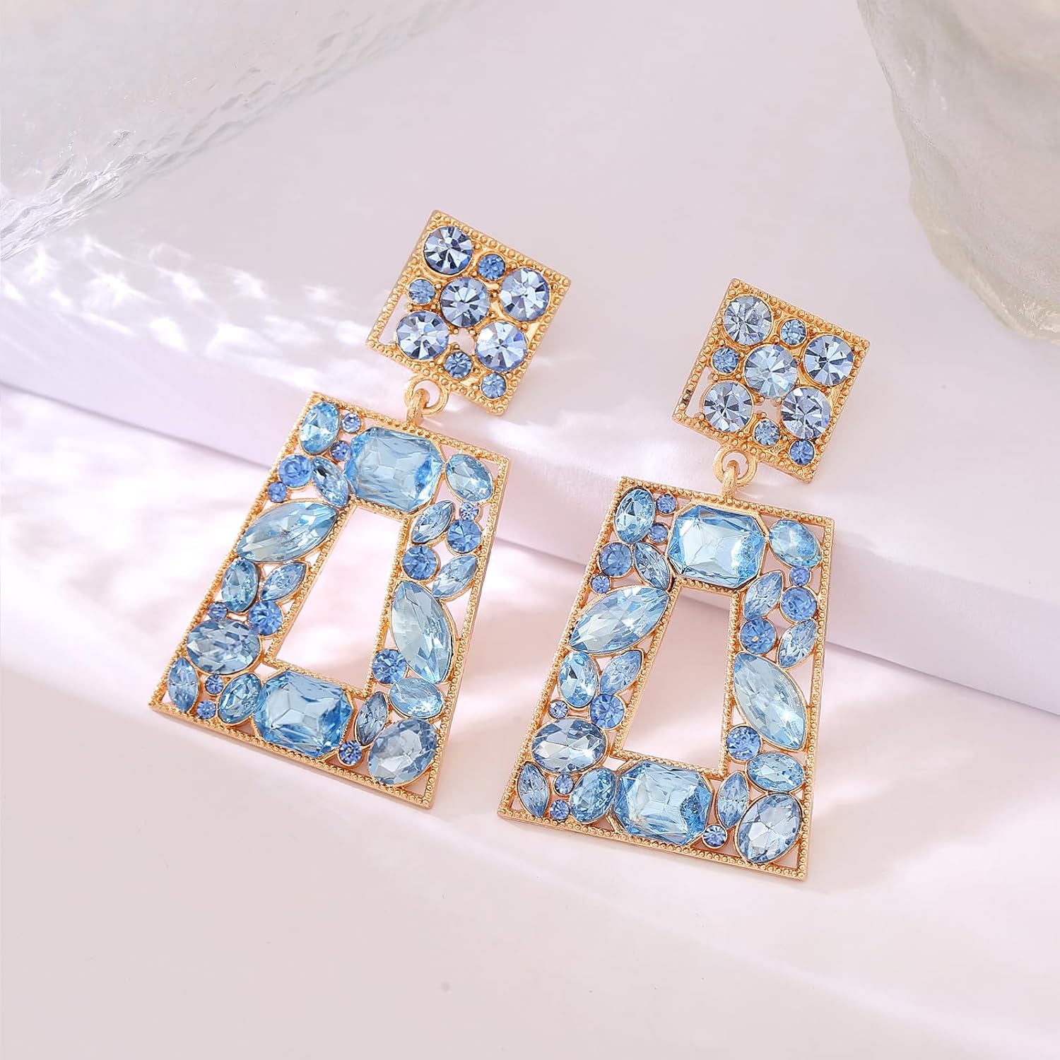 Rhinestone Rectangle Statement Earrings Colorful Crystal Geometric Drop Dangle Earrings for Women Prom Party - Image 4