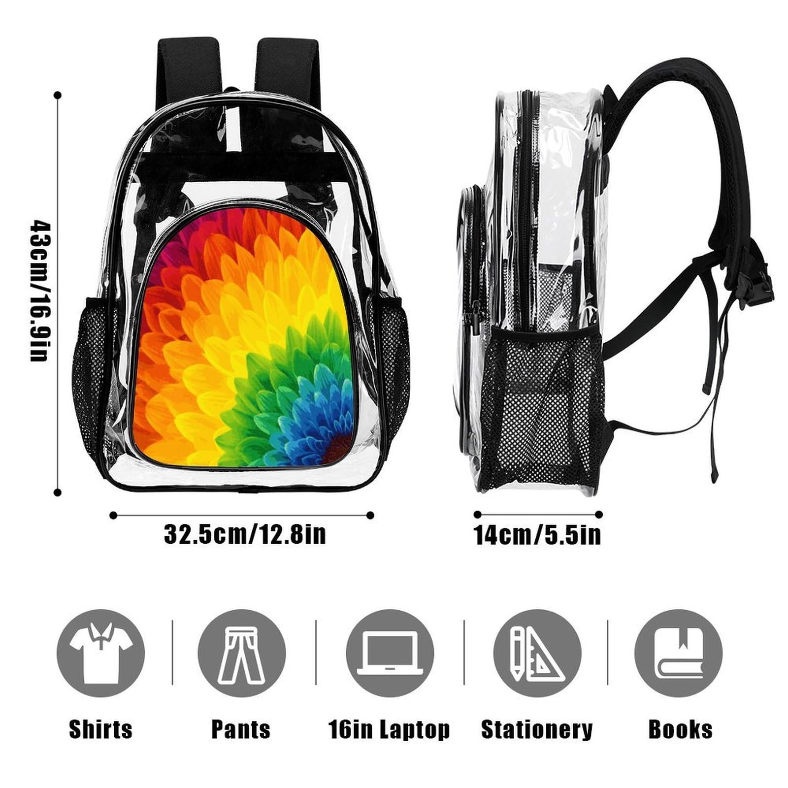 Transparenter Rucksack mit Sonnenblumen-Motiv, groß, transparent, PVC, Büchertasche für Sicherheit, Arbeit, Reisen, Stadion