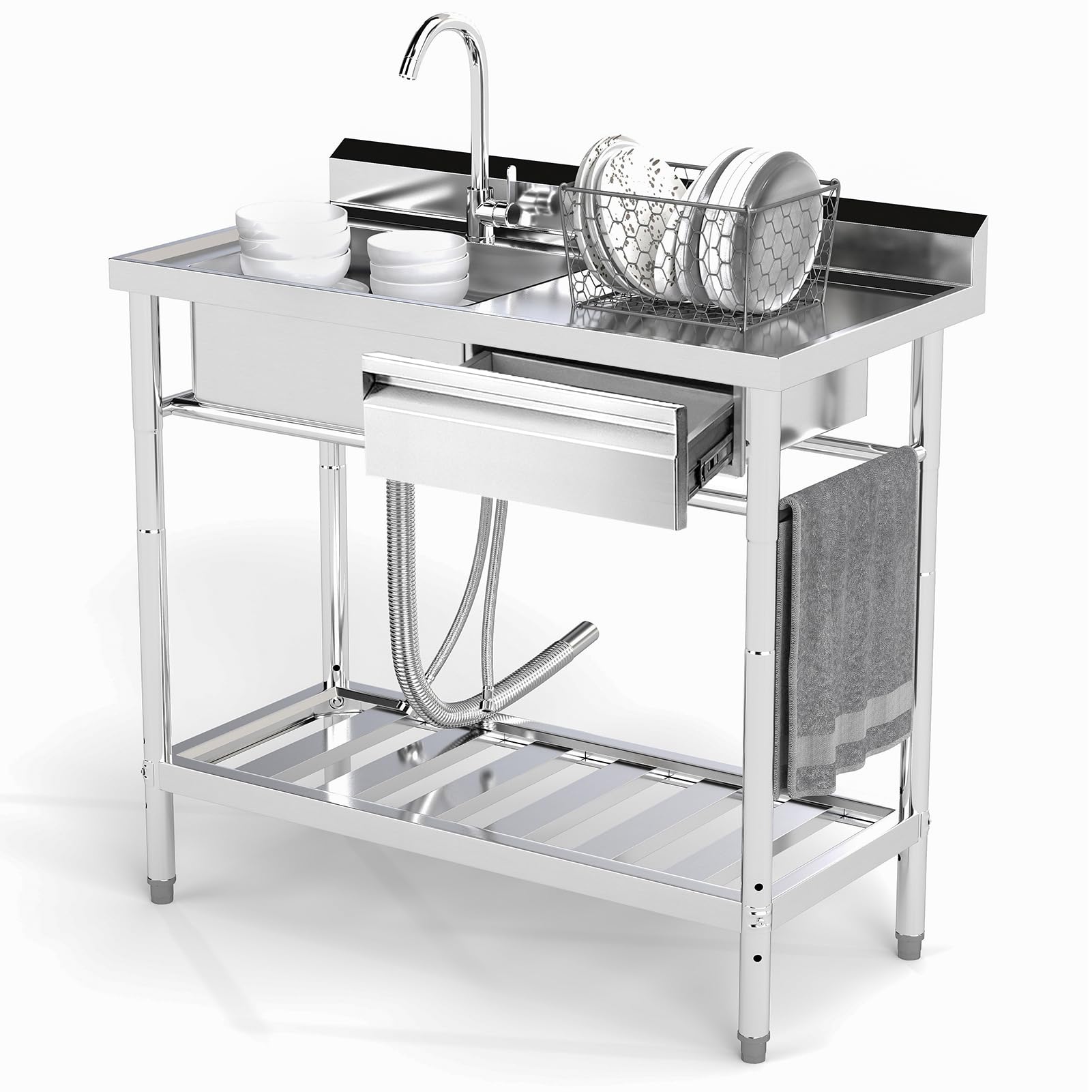 Trintion Freistehende Edelstahl Spültisch, 1 Becken mit Rechte Schublade, Gewerbliche Spülbecken mit Wasserhahn,Kalt und Warmwasserschläuchen, Innen-und Außenspüle für Bauernhaus, Waschküche (99cm)