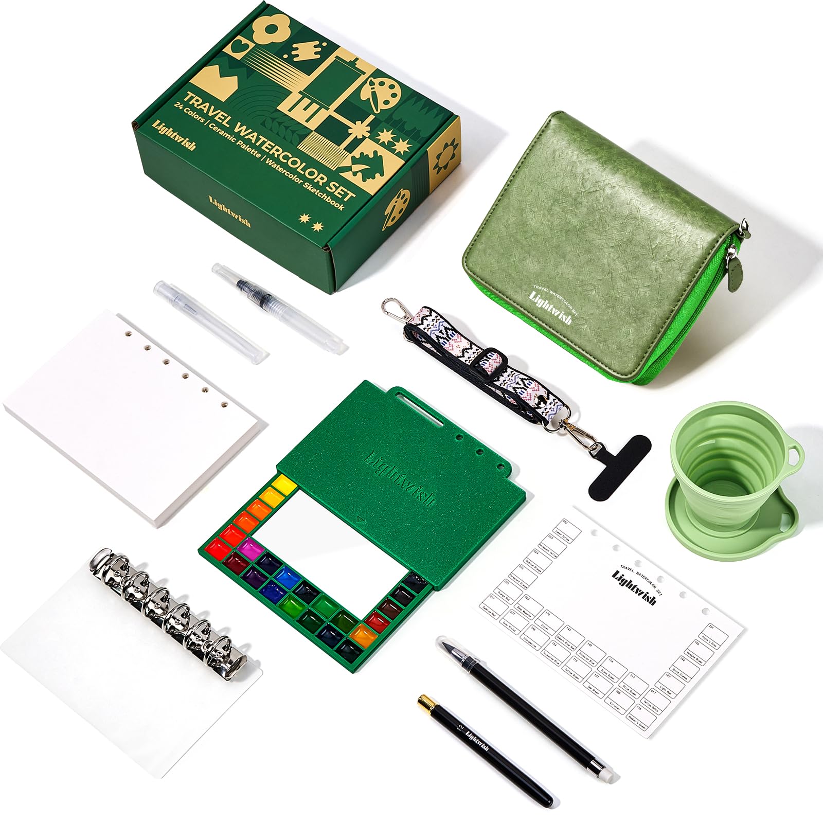 LIGHTWISH Reise Wasserfarben Set 24 Farben, für Künstler & Anfänger, Grün | tragbares Wasserfarben-Set mit nachfüllbarem 100% Baumwollpapier, Keramikpalette und Aquarellpinsel