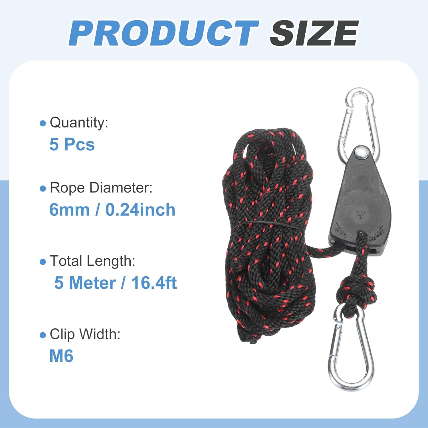 uxcell 5 Pairs 1/4" Adjustable Rope Hanger, 16.4ft(5 Meter) Heavy Duty Ratchet Tie Down Strap with Rope Clip Hanger for Hanging Plants, Grow Light and Various Tie-Down Uses, Black/Red