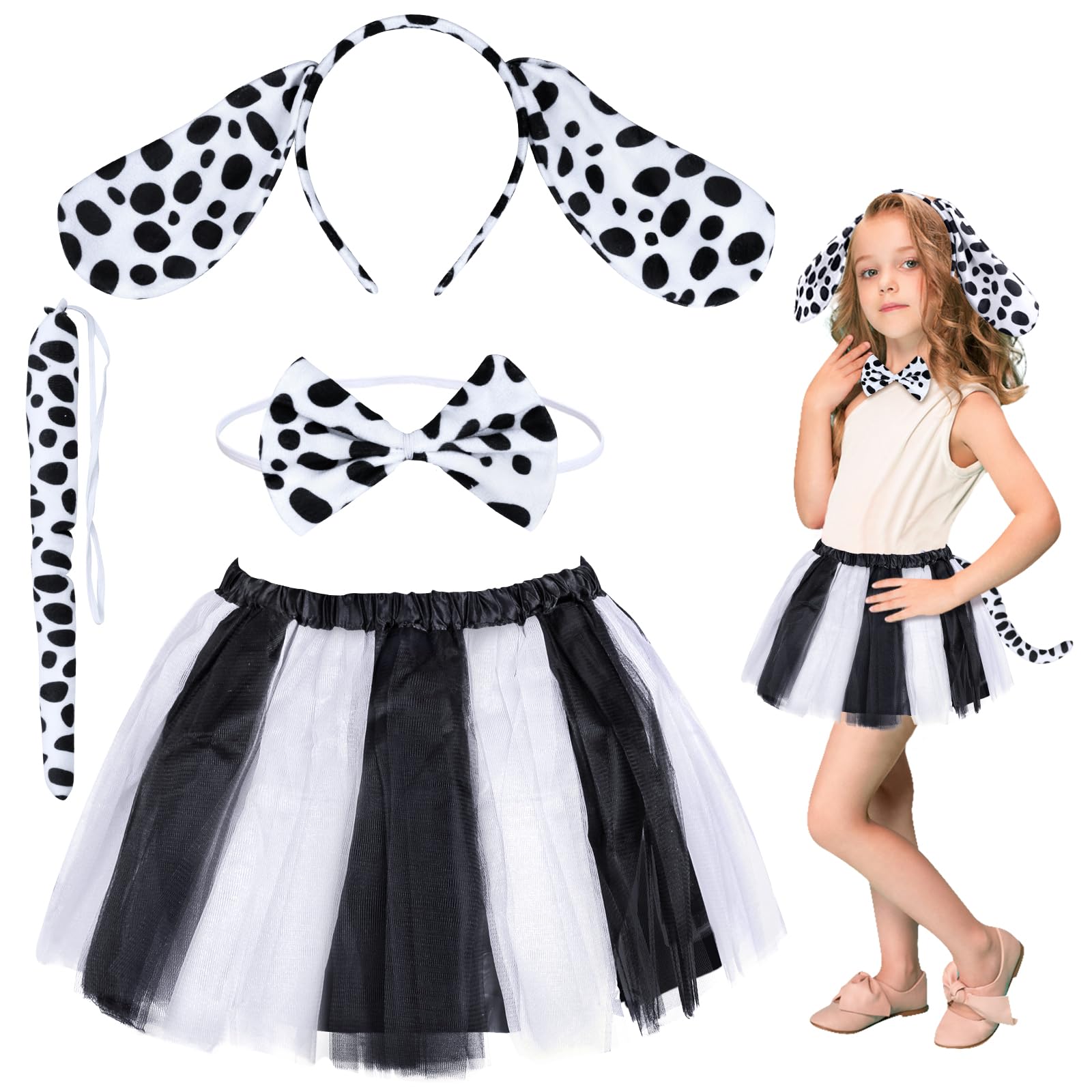 HONMOK 4pcs Disfraz de dálmata para niñas Tutú blanco y negro Accesorios de Disfraces de Dálmatas Set Diadema de orejas dálmata Pajarita Cola Elástico Disfraz animal perro Halloween carnaval cosplay