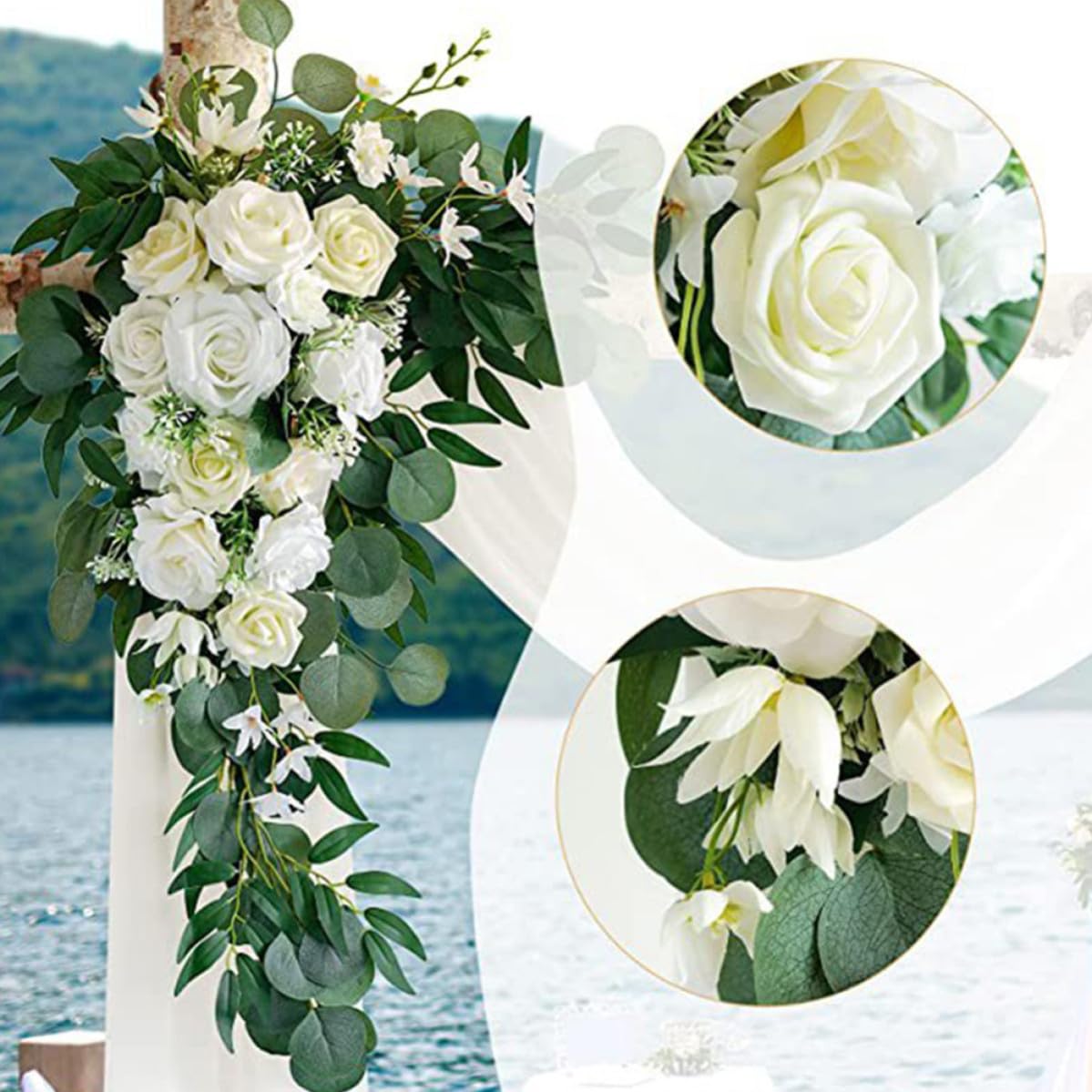 Mikikit Elegantes Hochzeitsbogen Satz mit Kunstblumen für Grabgestecke Weiße Künstliche Blumen aus Seide und Gazestoff Pflegeleicht und Gangdekorationen für Hochzeitszeremonie