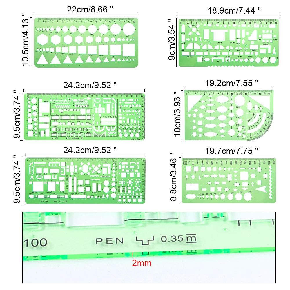 6 Piezas Plantillas de Dibujo Geométrico Regla Formas Geometricas Plantilla de Circulo de Dibujo Regla Plantilla Circulos para Oficina y Escuela